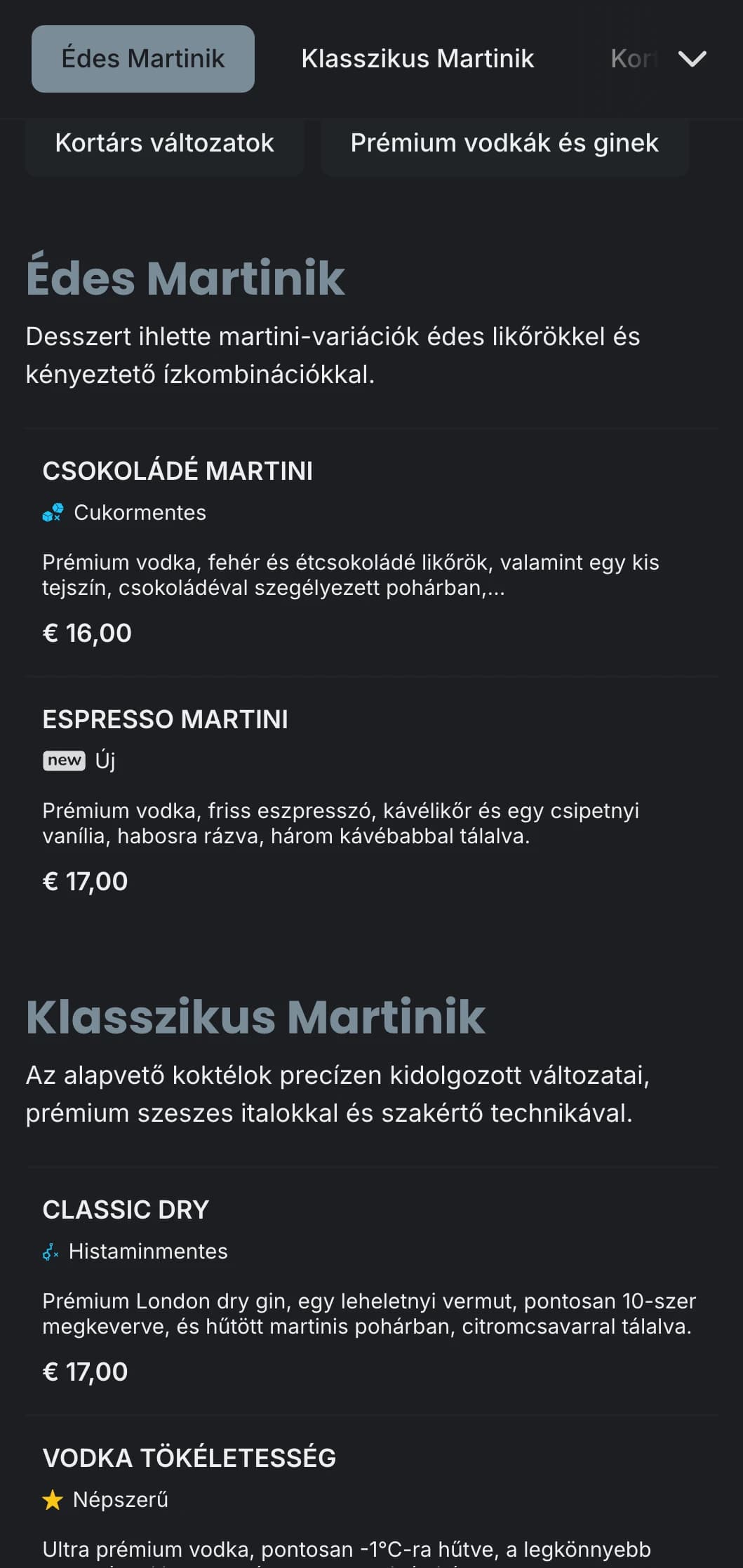 Kifinomult, városi menüterv martini bárok és társalgók számára, elegáns tipográfiával és hűvös szürke tónusokkal.