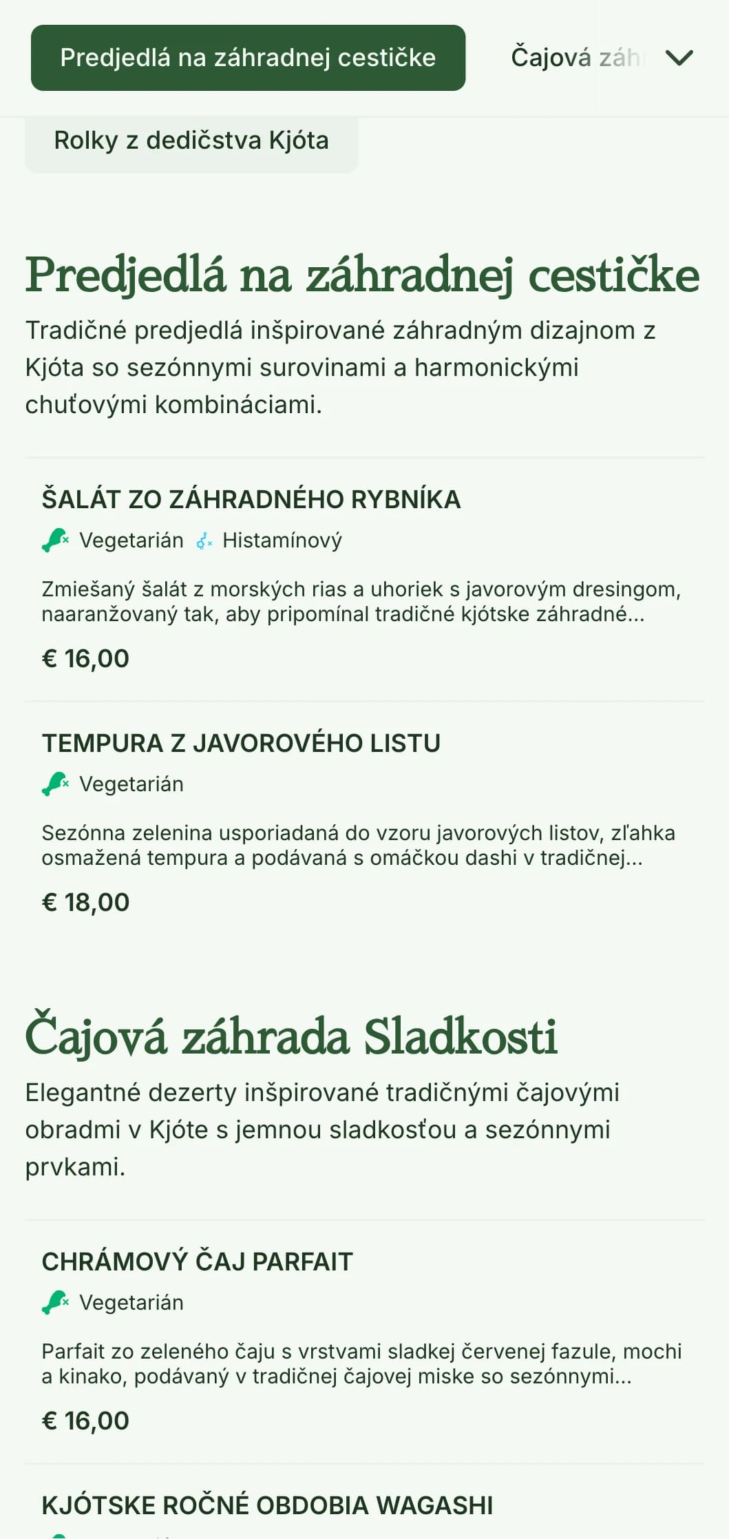 Tradičné japonské sushi menu inšpirované záhradou s pokojnými zelenými tónmi a klasickými prvkami.