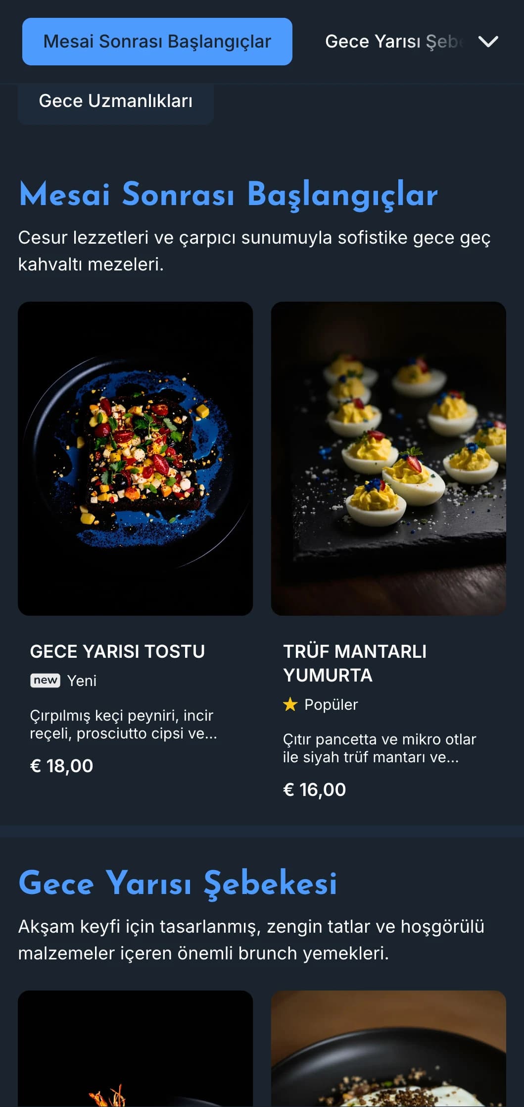 Parlak vurgulara sahip koyu mavi şablon, gece geç saatlerde brunch teklifleri ve mesai sonrası kafeler için mükemmeldir.