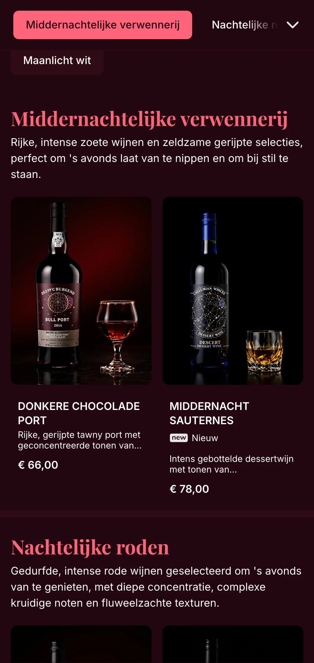 Intens dramatisch wijnsjabloon met opvallende roze accenten tegen diep bordeauxrode achtergronden, ideaal voor exclusieve wijnlounges en avondlocaties.