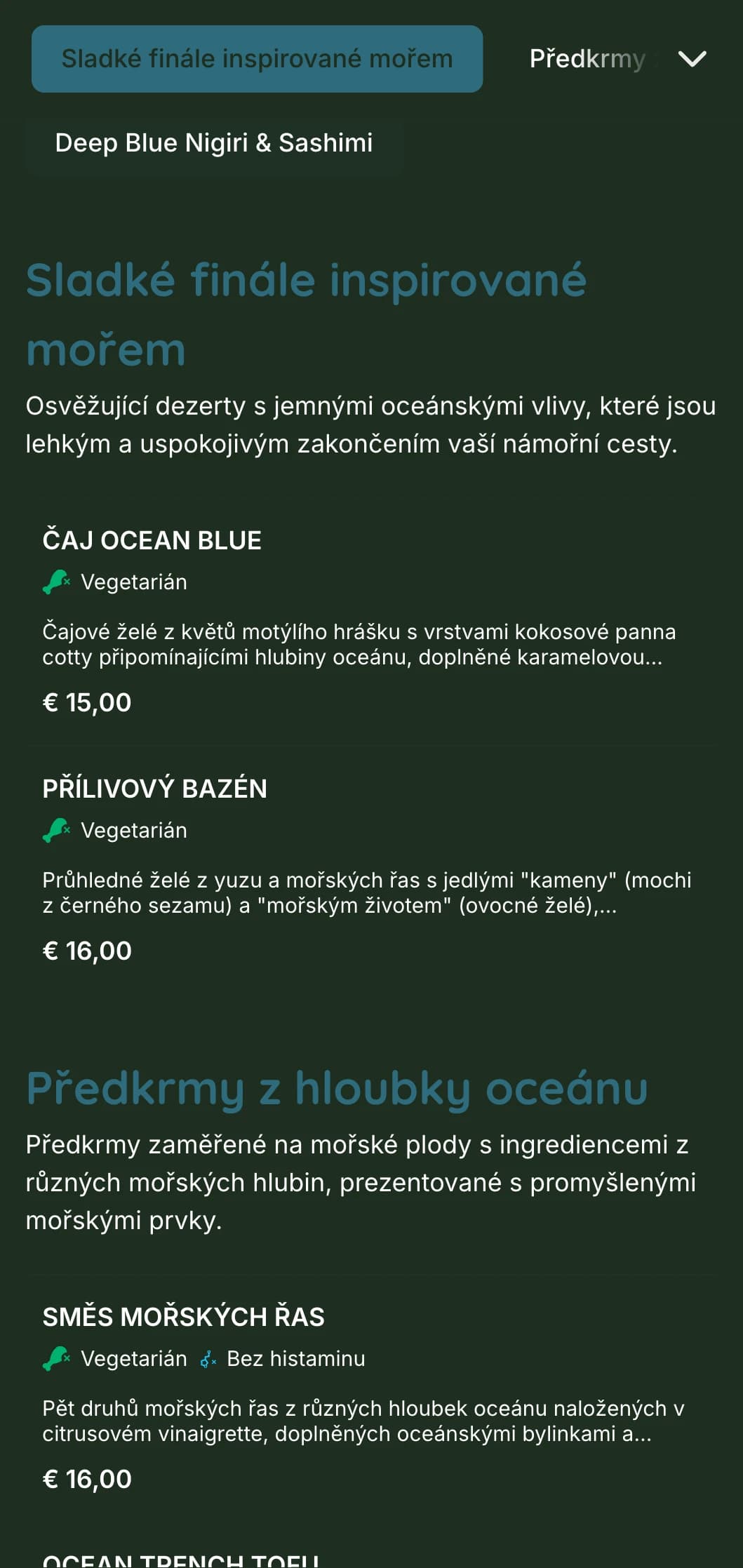 Klidné tmavě modré sushi menu inspirované hlubinami oceánu s mořskými prvky a důrazem na čerstvé mořské plody.