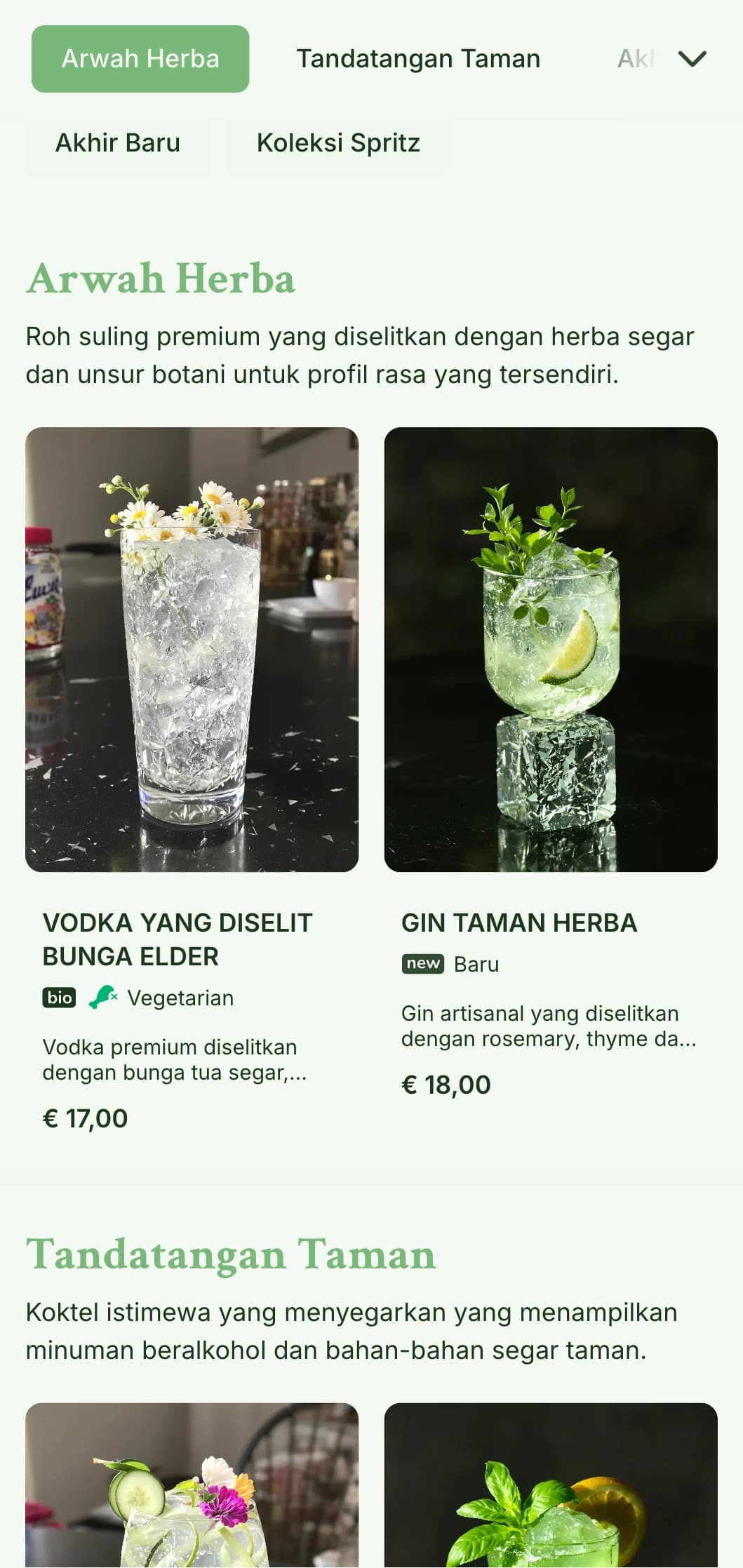 Reka bentuk segar yang diilhamkan oleh taman untuk bar yang mengkhususkan diri dalam penyembur dan koktel botani segar yang menampilkan tipografi ringan dan lapang.