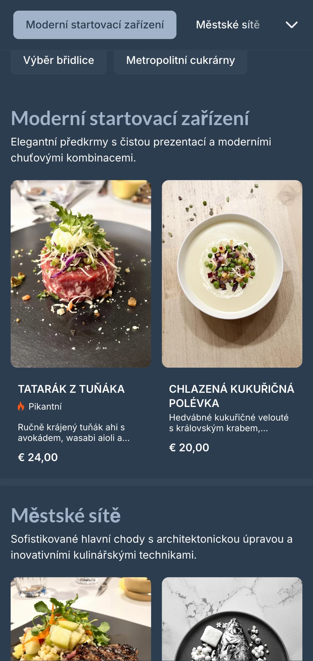 Moderní jídelní lístek v chladných břidlicových tónech a čistém geometrickém designu, ideální pro moderní městské restaurace.