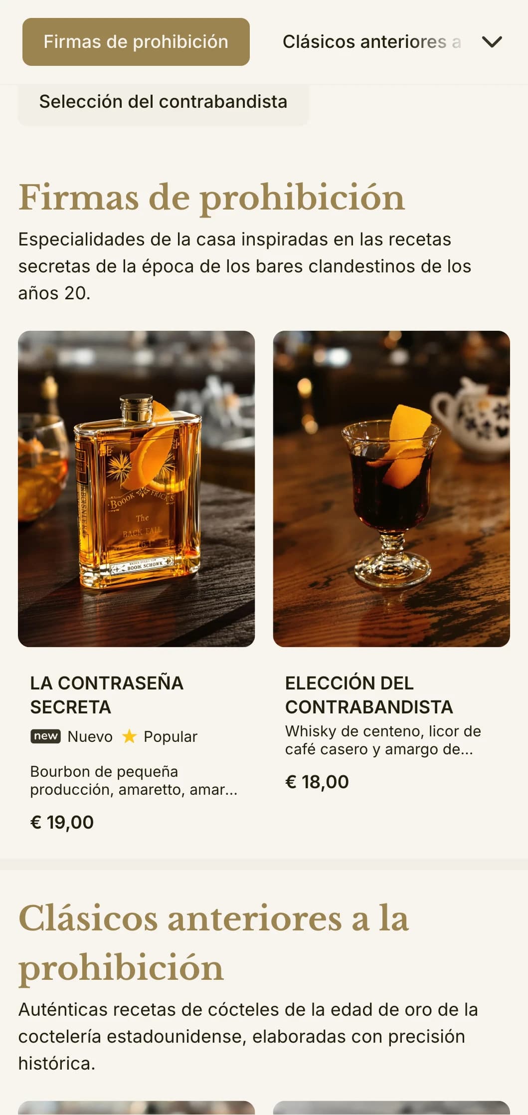 Un diseño inspirado en la época de la prohibición para bares clandestinos, con tipografía vintage y sutiles toques dorados.