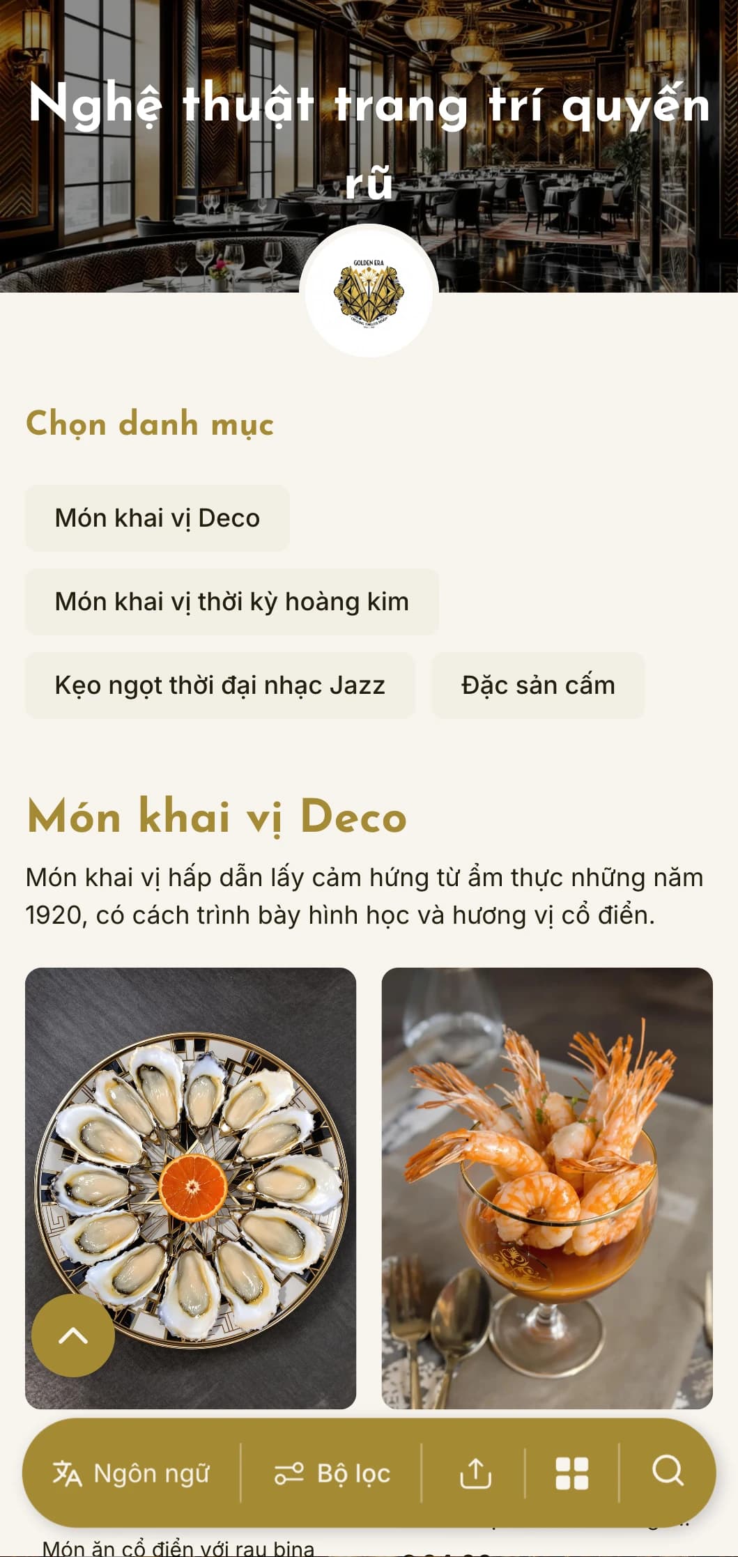 Thực đơn bữa tối quyến rũ lấy cảm hứng từ những năm 1920 với họa tiết hình học và điểm nhấn bằng kim loại, lý tưởng cho những cơ sở mang phong cách cổ điển.