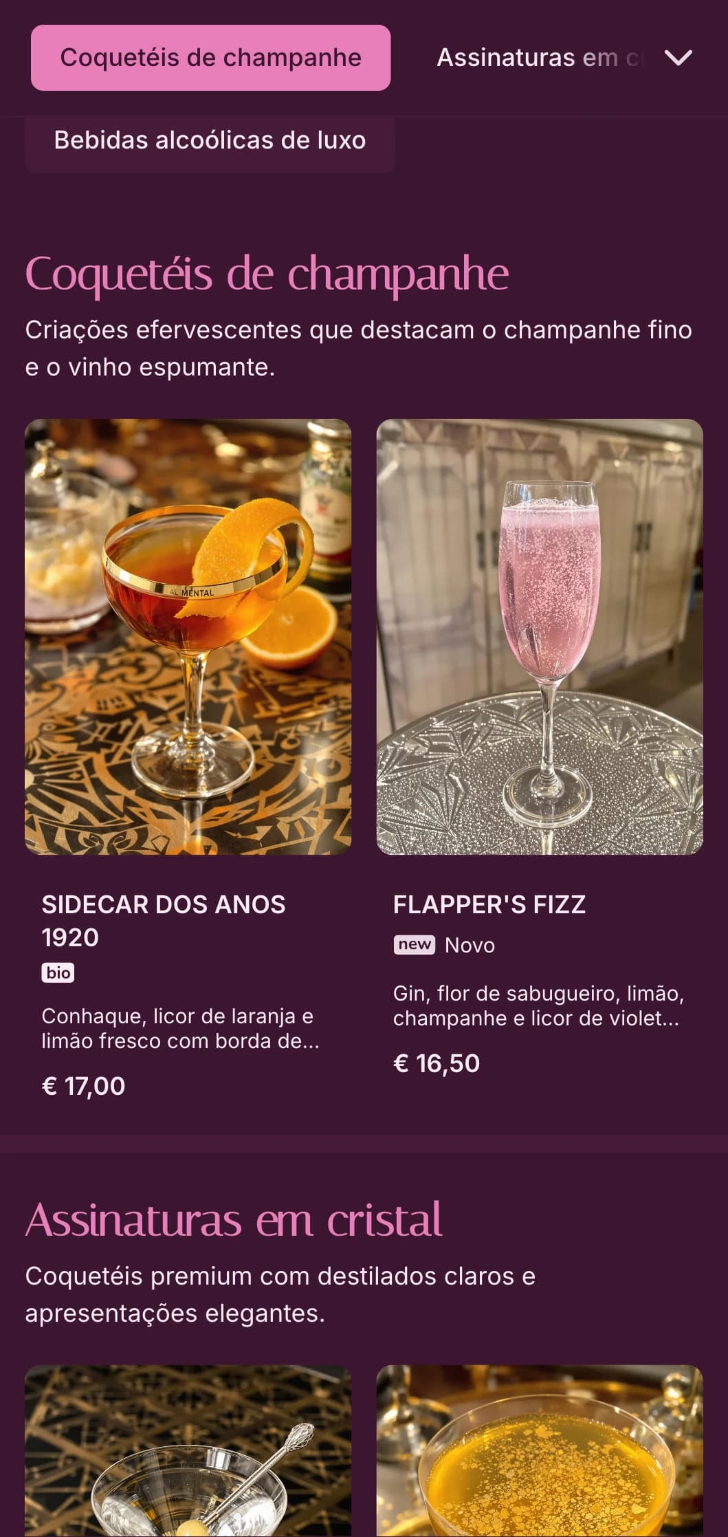 Design sofisticado inspirado em rosa e cristal para destinos de coquetéis de luxo.