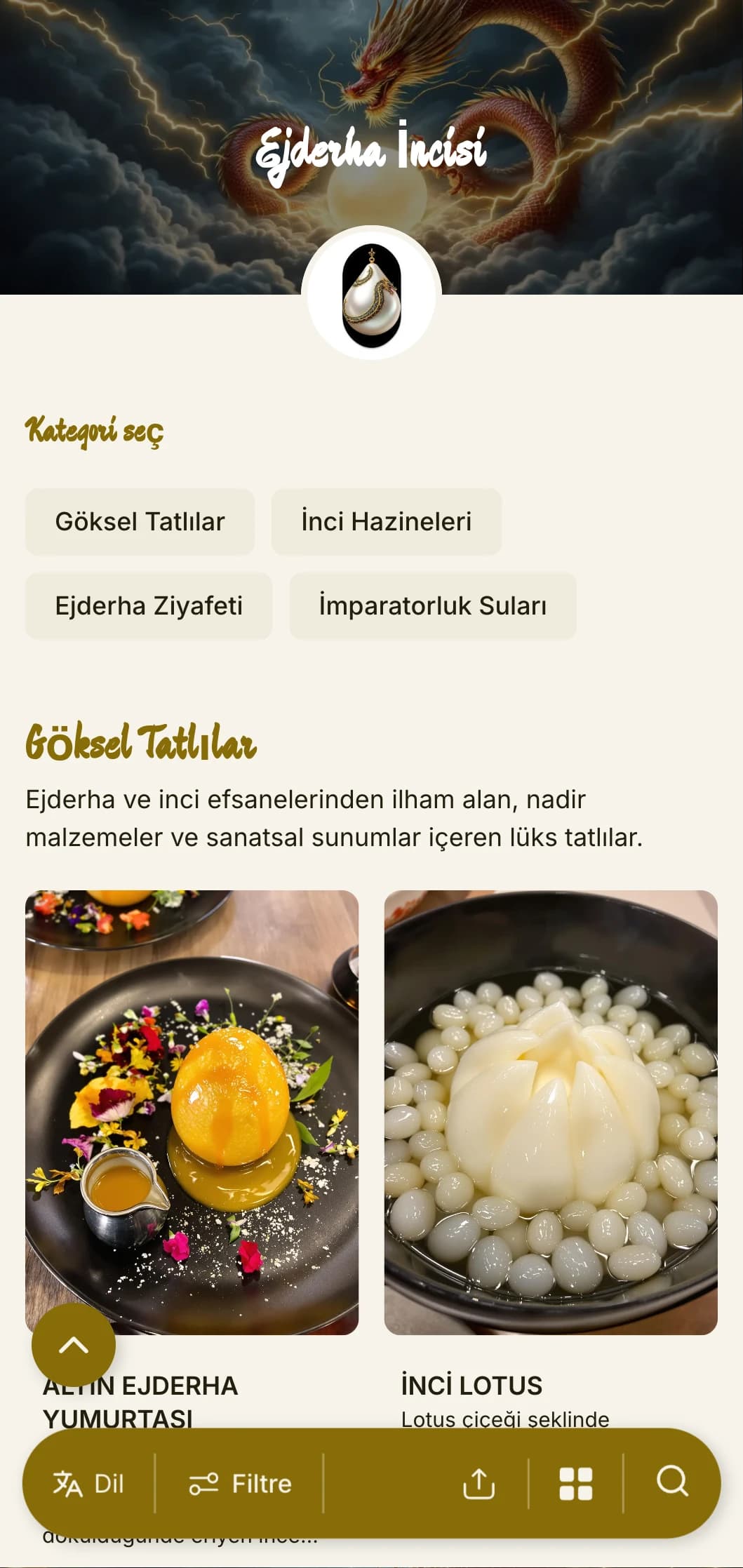 Ejderha motifleri ve inci vurgular içeren lüks Çin menüsü tasarımı, lüks Çin deniz ürünleri restoranları ve özel günler için mükemmeldir.