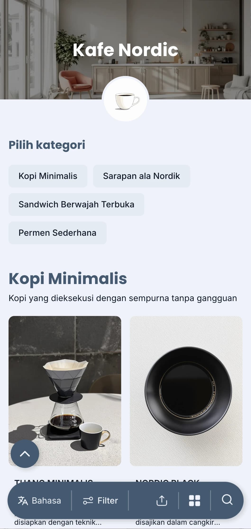 Desain bersih yang terinspirasi dari Skandinavia dengan warna biru yang sejuk untuk kafe minimalis modern.