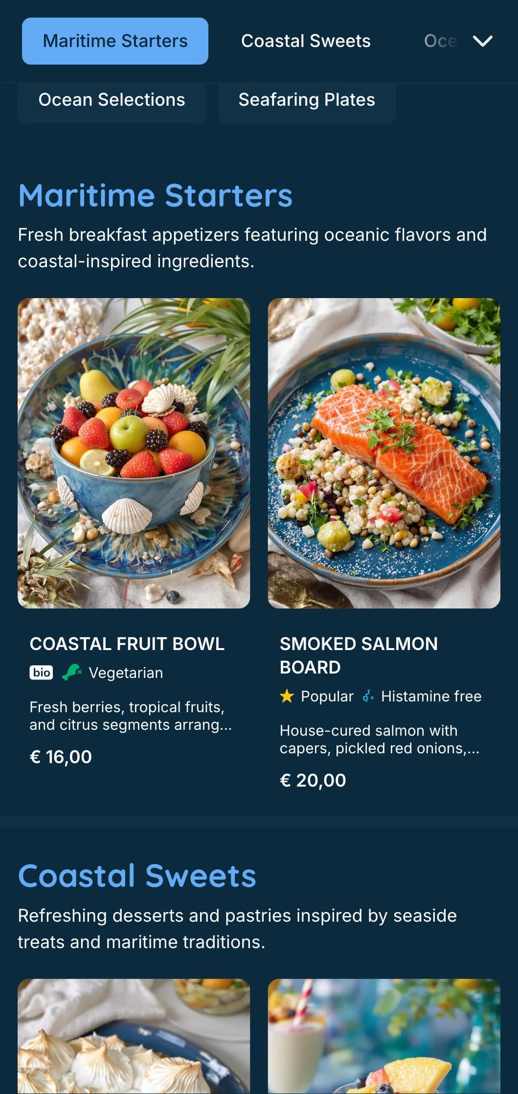 Fresh, maritime brunch template with deep blue tones, ideal for seafood brunches and beachfront establishments.