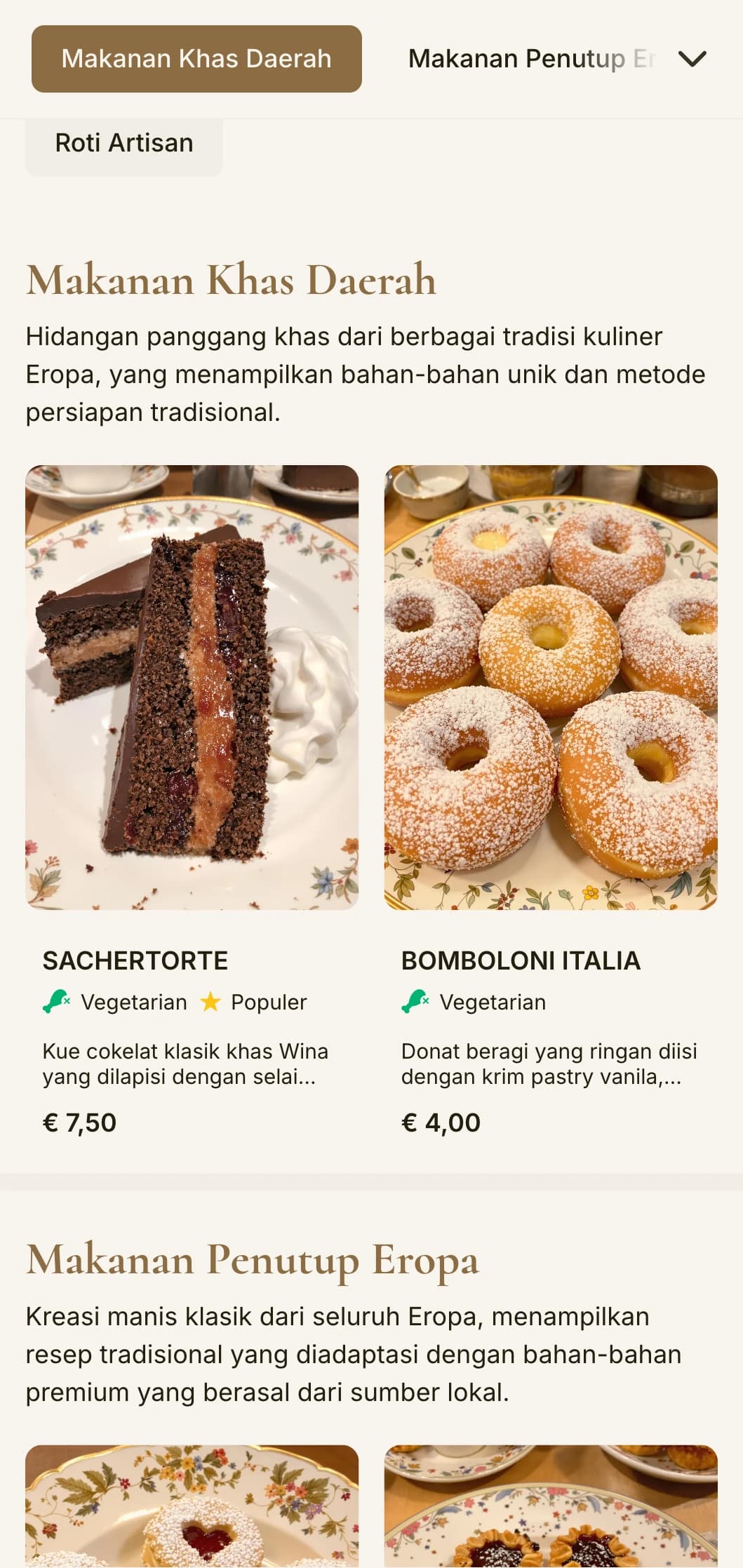 Desain menu roti kontinental yang canggih dengan warna cokelat hangat dan tipografi yang elegan, cocok untuk toko roti dan toko kue bergaya Eropa.