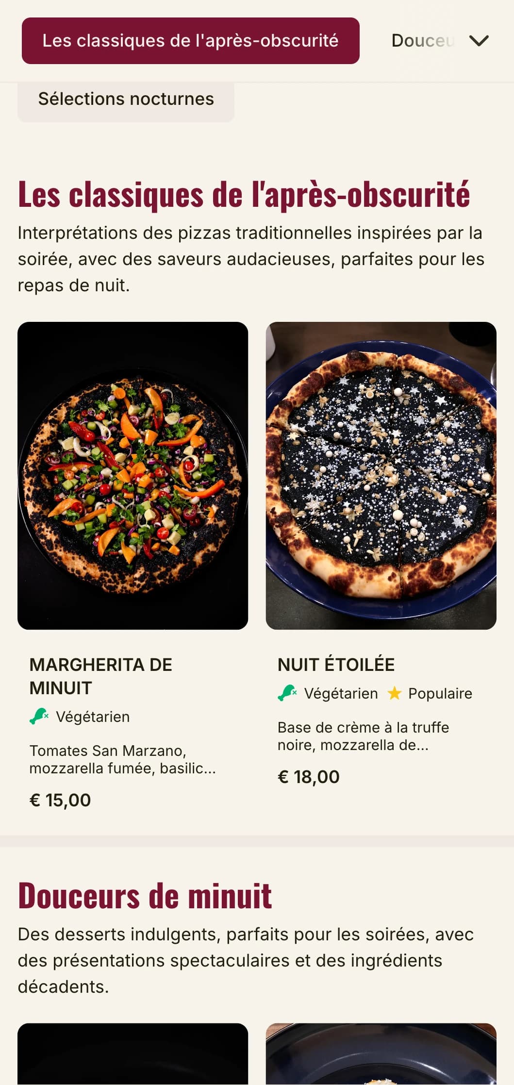 Menu de pizzeria de fin de soirée à l'esthétique sombre et morose pour des expériences culinaires nocturnes.