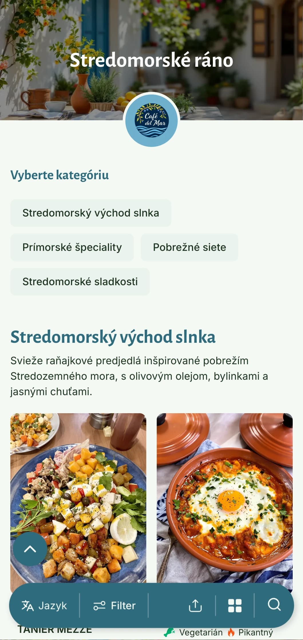Svetlá, vzdušná šablóna na brunch so stredomorskými vplyvmi, ideálna pre kaviarne, ktoré ponúkajú zdravé raňajkové jedlá na báze olivového oleja.