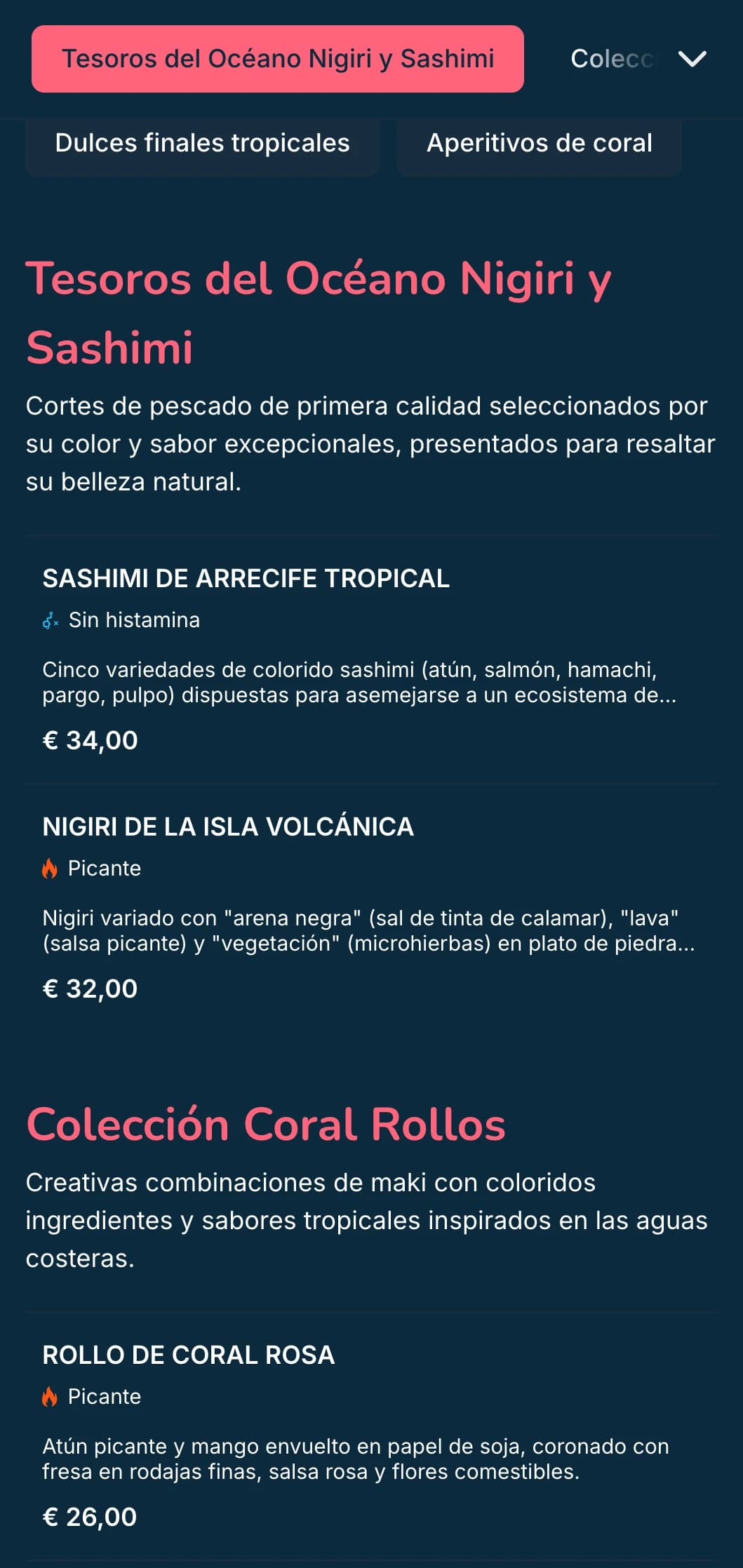 Vibrante menú de sushi inspirado en el océano, con acentos rosa coral sobre fondos azul oscuro, perfecto para los especialistas en marisco.