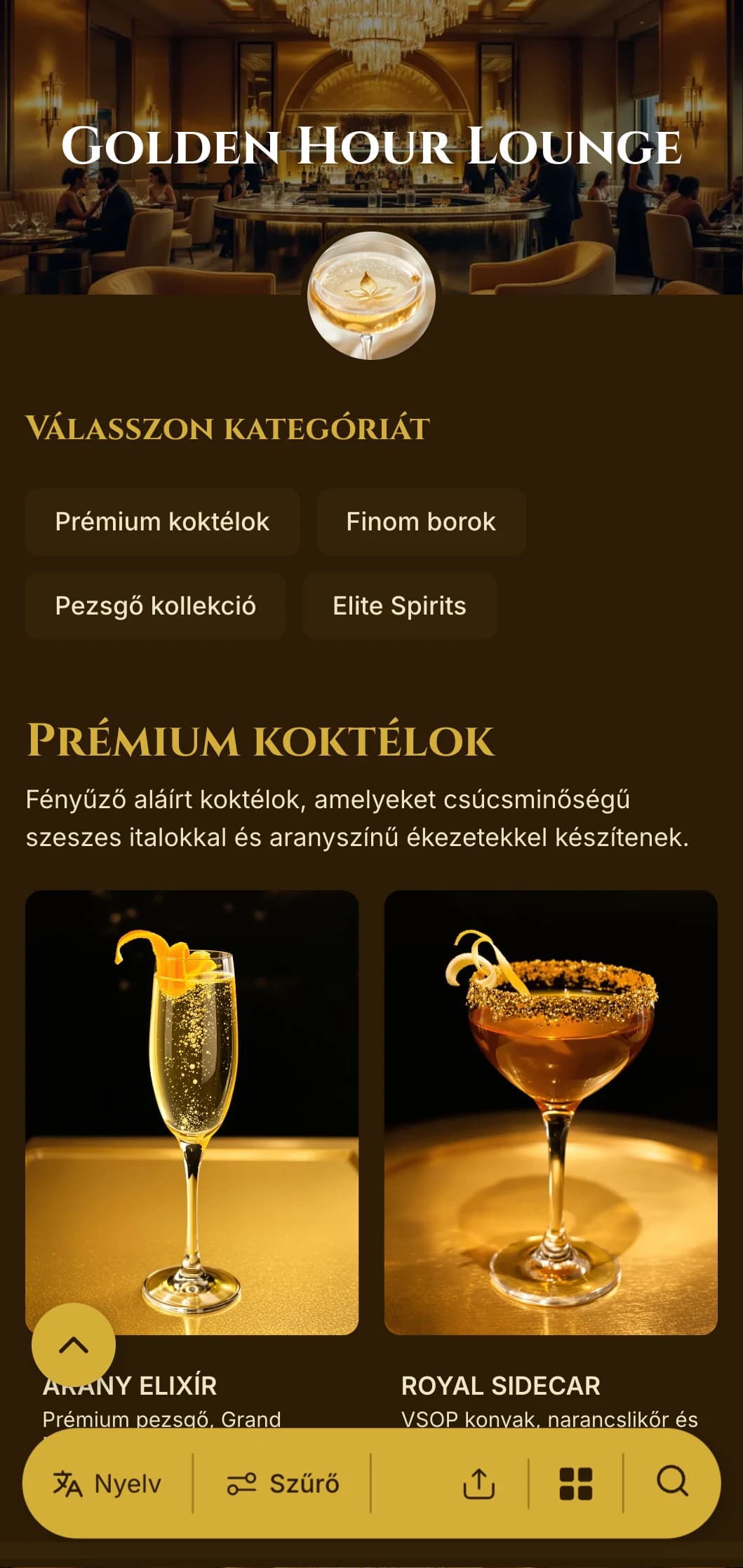 Fényűző aranyszínű design prémium koktélbárok és VIP-szalonok számára.