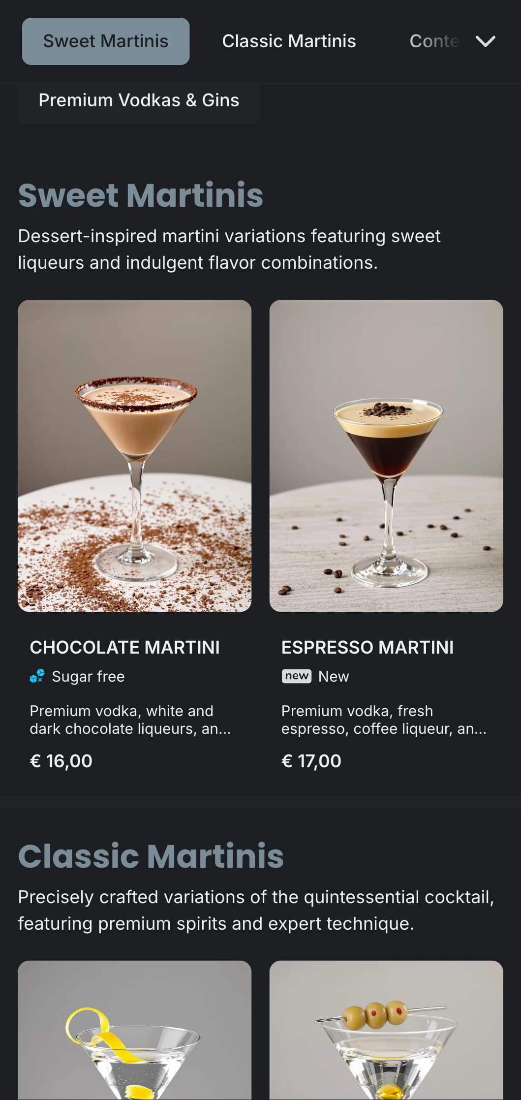 A sophisticated, urban menu design for martini bars and lounges with sleek typography and cool gray tones.