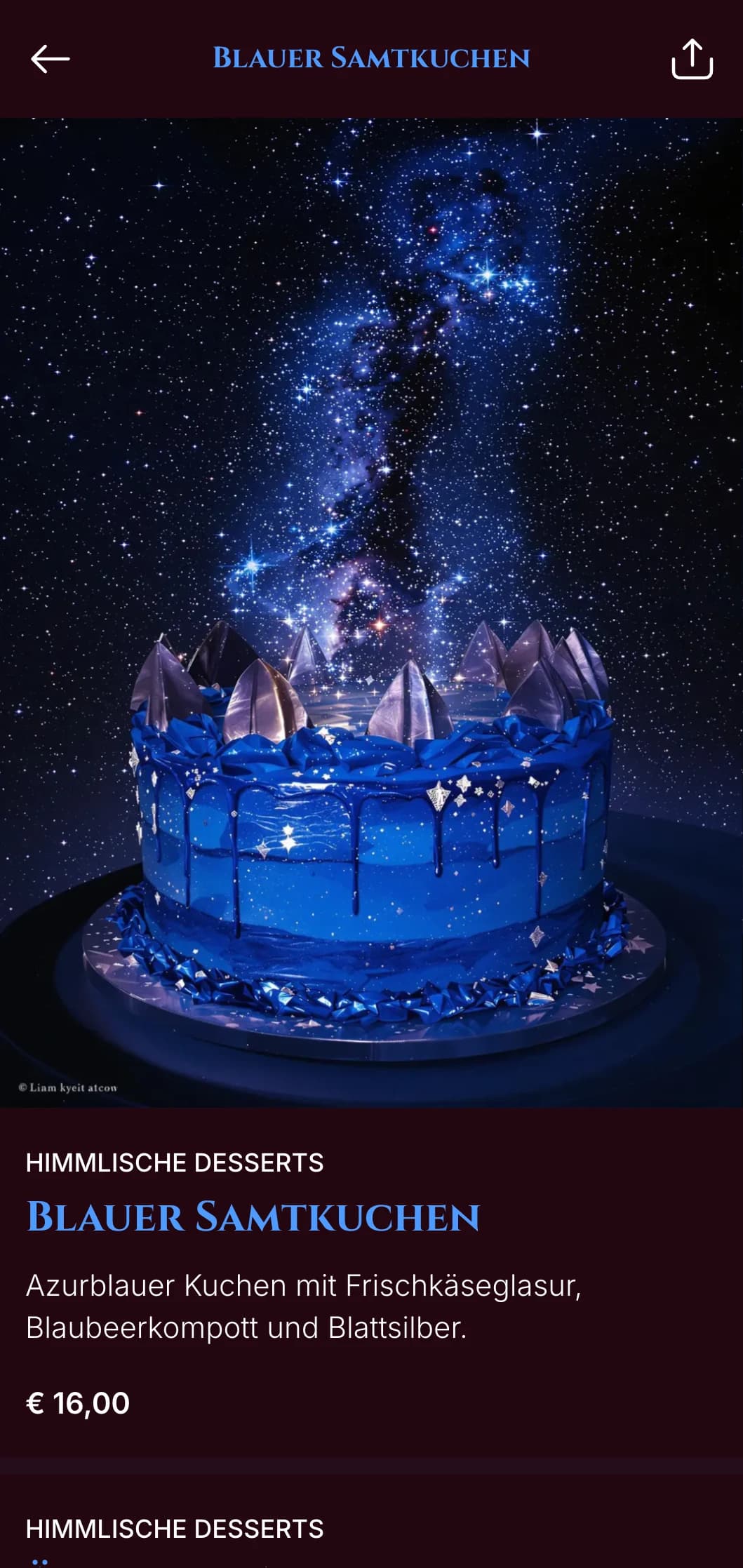 Ein dramatisches mitternachtsblaues Menü mit goldenen Akzenten, das für Abendrestaurants mit luxuriöser Atmosphäre konzipiert wurde.