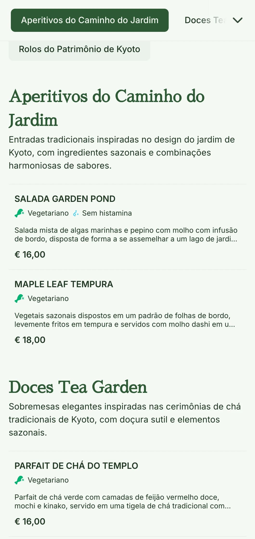 Menu de sushi tradicional japonês inspirado em um jardim, com tons verdes serenos e elementos clássicos.