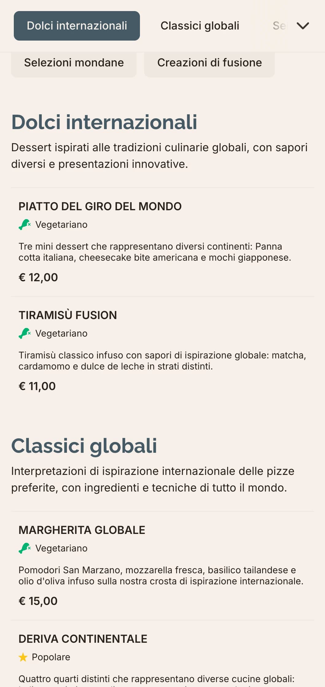 Menu di pizza fusion globale con design contemporaneo per combinazioni di sapori innovative.