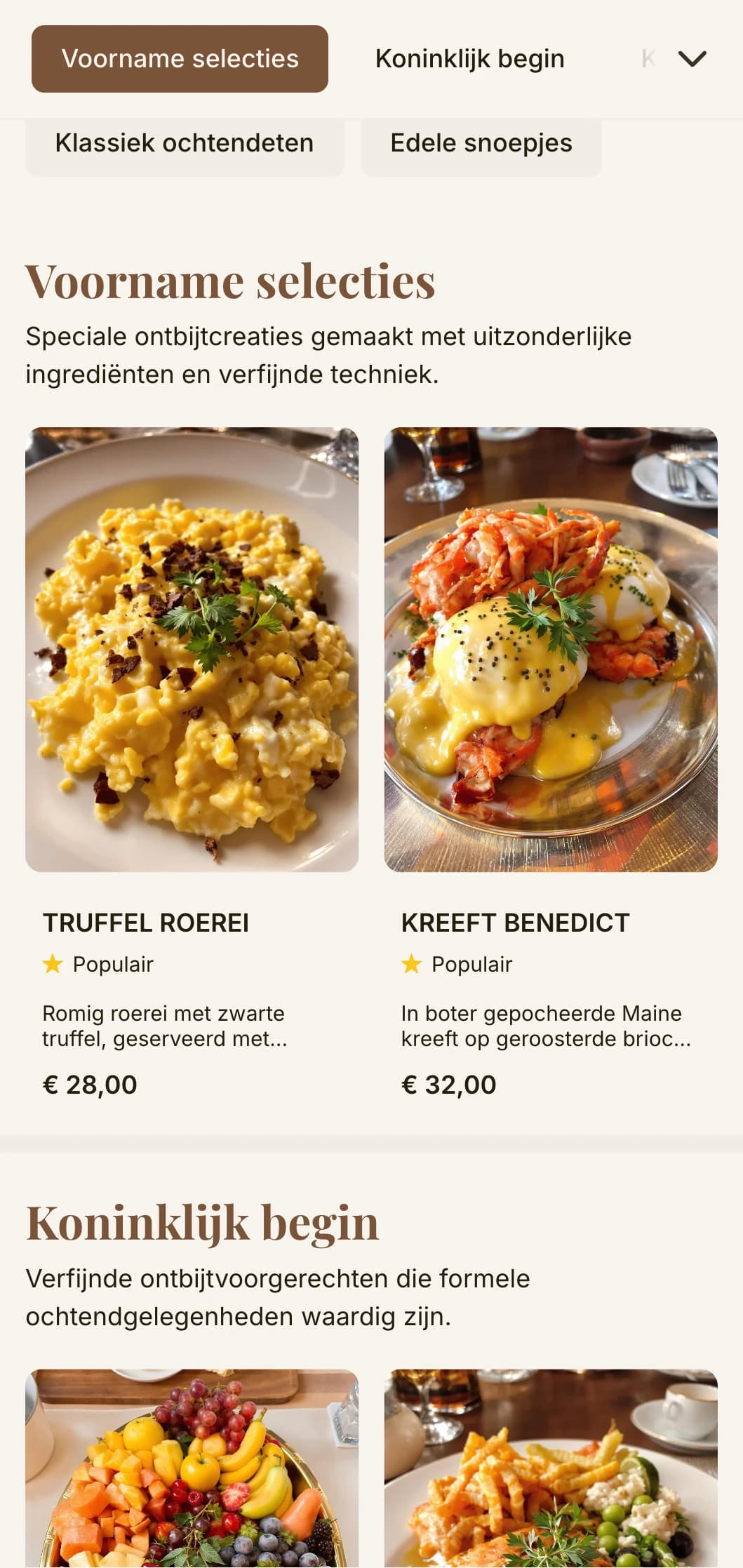 Verfijnde ontbijtervaring met eersteklas ingrediënten en een elegante presentatie die past bij royalty's.