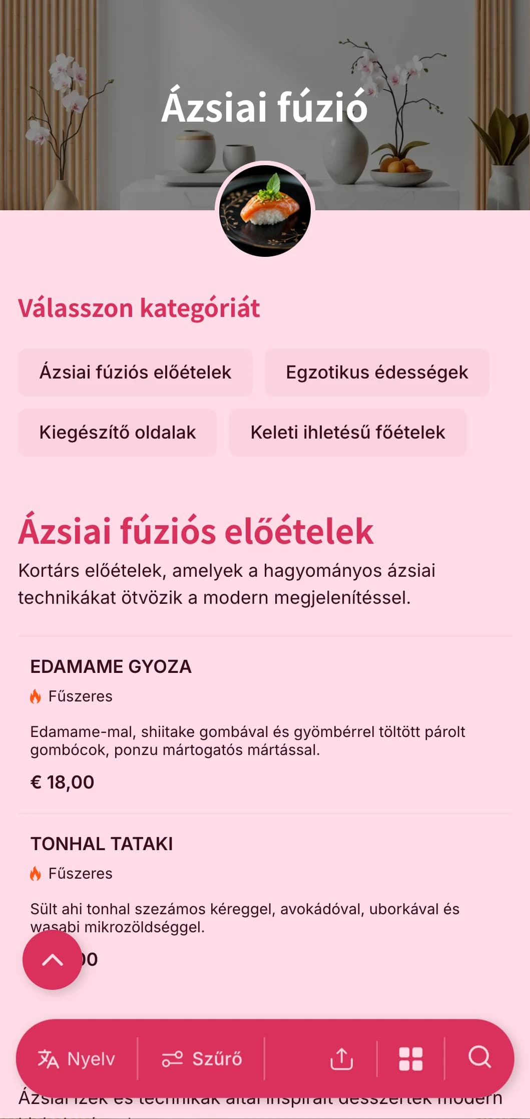 Kortárs ázsiai ihletésű vendéglátás, amely a hagyományos technikákat modern megjelenítéssel ötvözi a trendi rendezvények és nemzetközi összejövetelek számára.