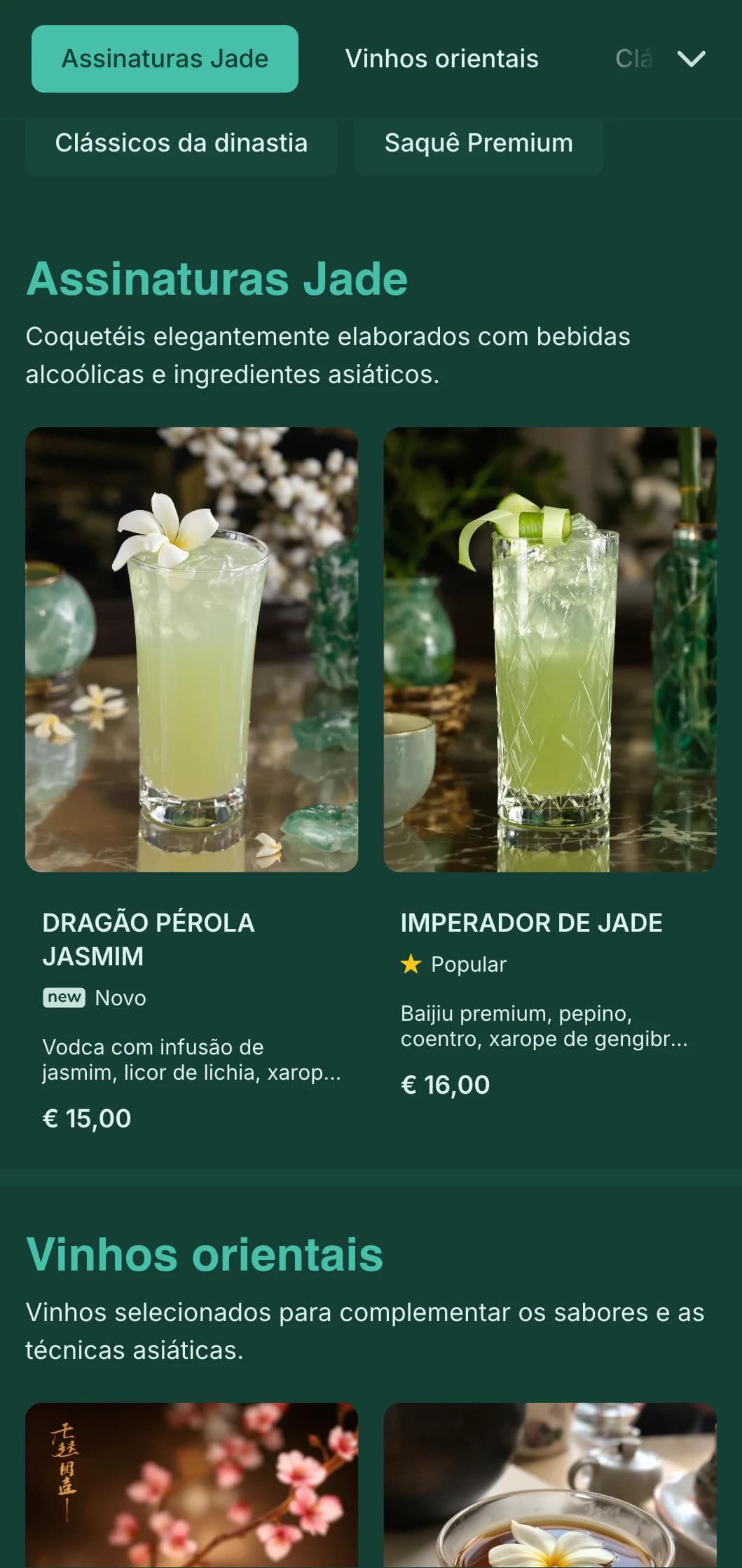Design verde elegante inspirado na arte chinesa para lounges de coquetéis com inspiração asiática.