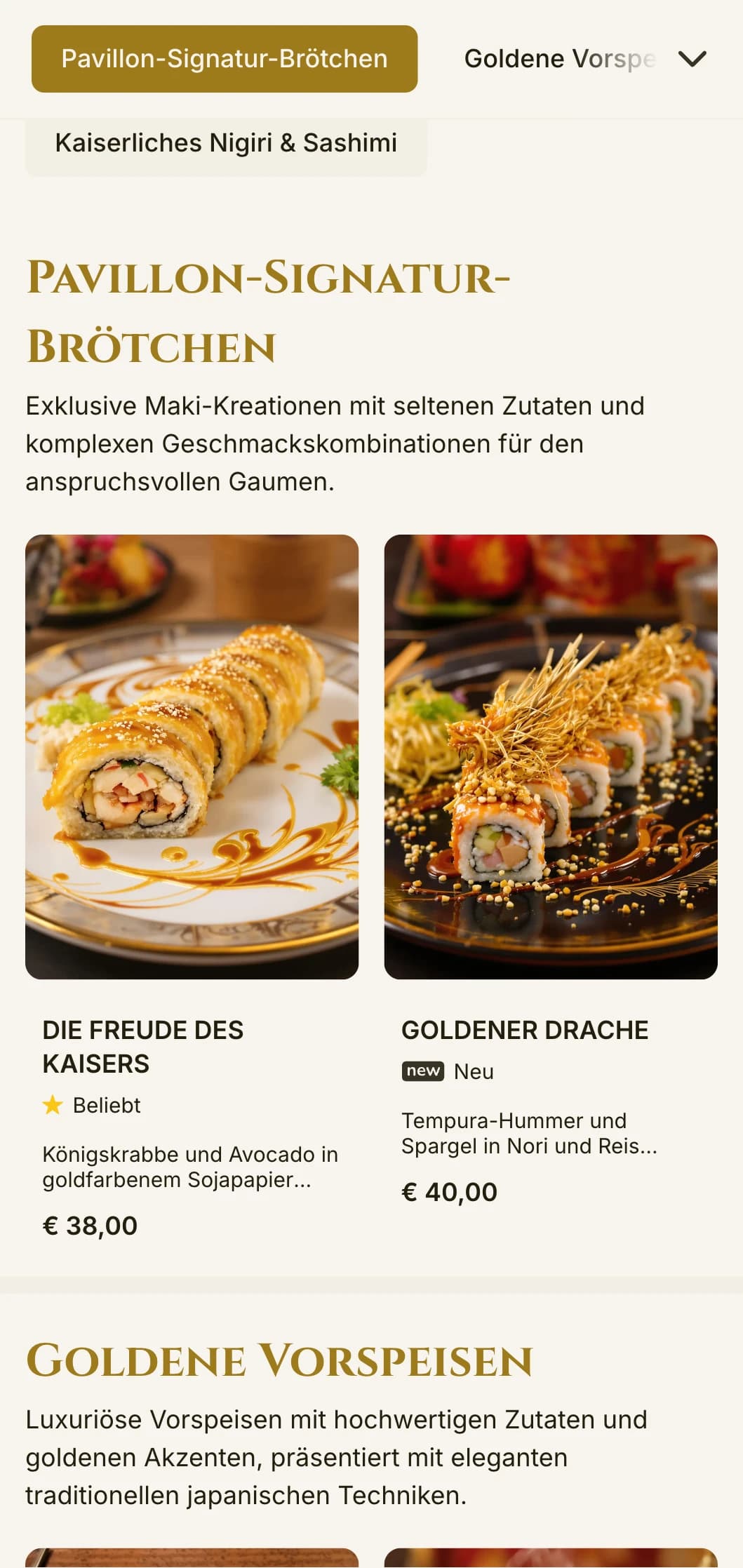 Luxuriöses Sushi-Menü mit Goldakzenten, inspiriert von Kyotos berühmtem Tempel, mit eleganter Typografie und traditionellen Elementen.