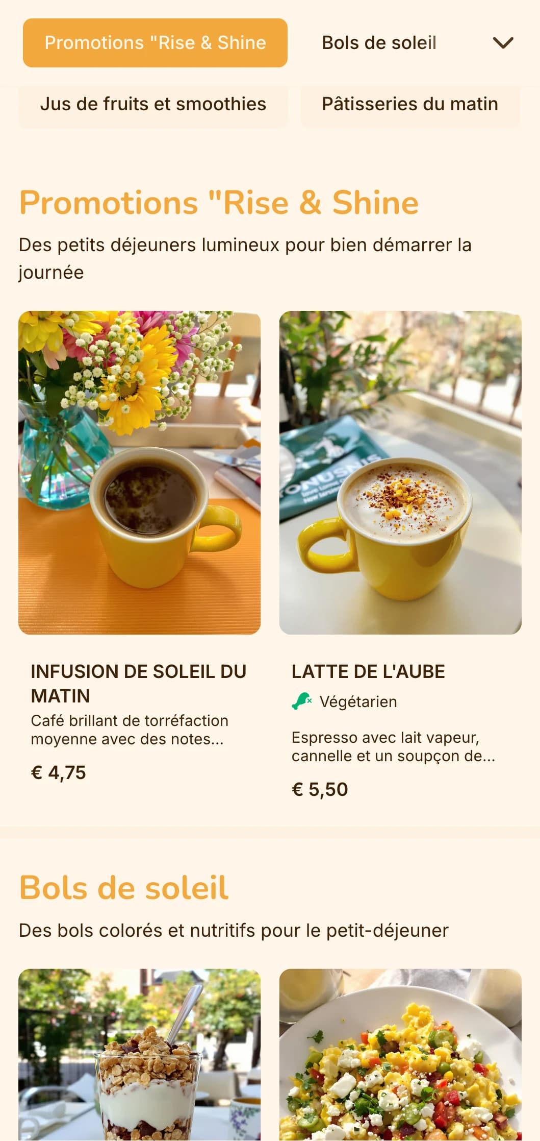 Design jaune et orange joyeux avec des éléments ensoleillés pour les petits déjeuners et les brunchs.