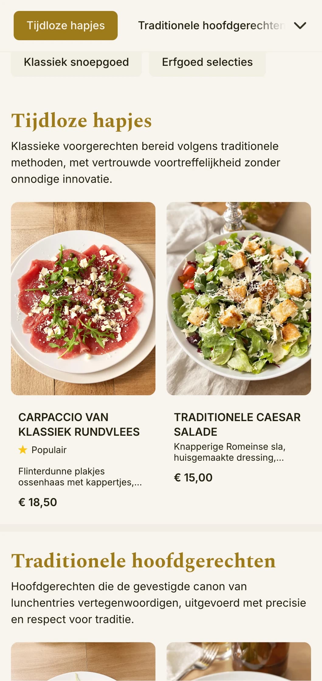 Tijdloos, elegant lunchmenu-ontwerp met uitgebalanceerde typografie en verfijnde spatiëring, geschikt voor traditionele restaurants met een gevestigde reputatie.