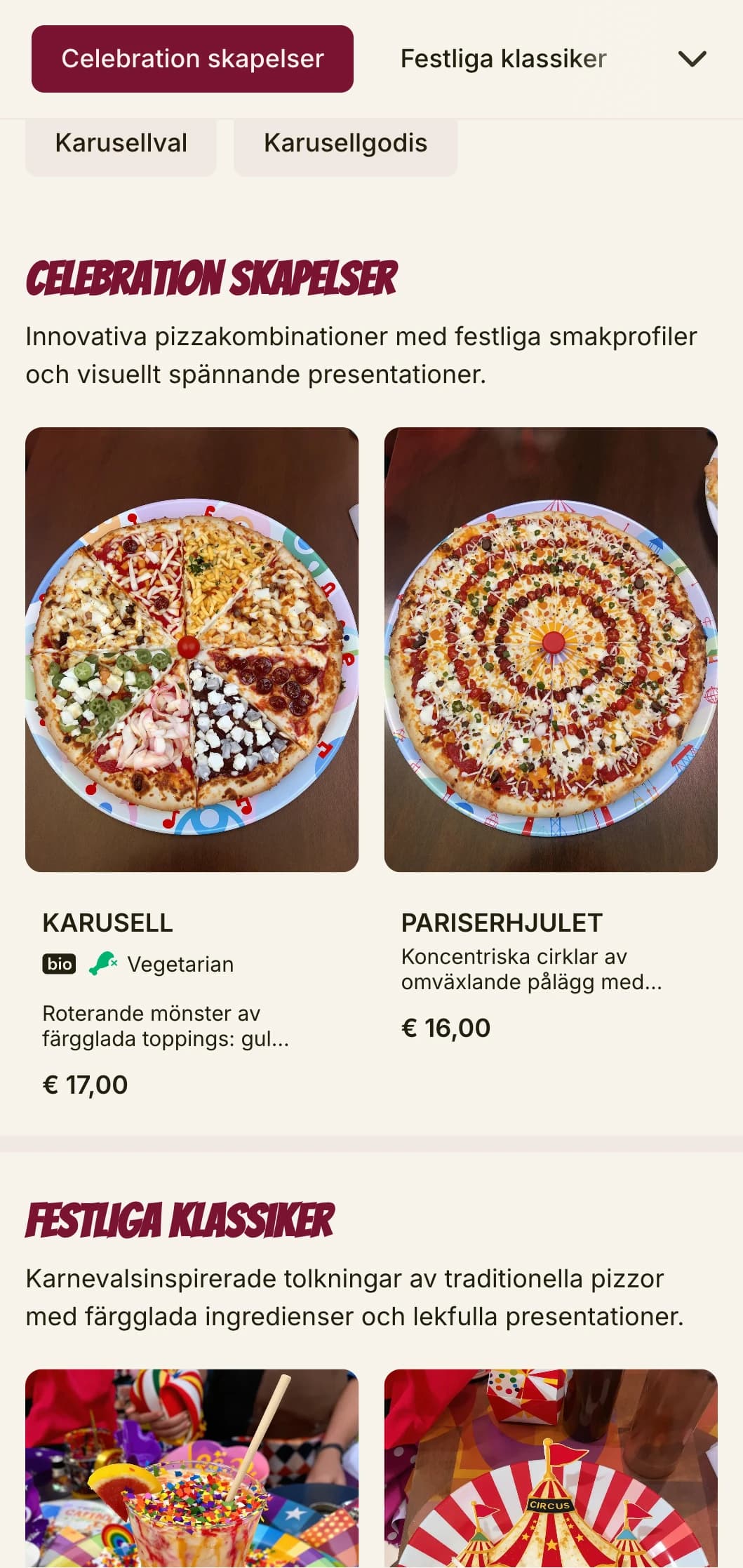 Festlig, energisk pizzameny med ljusa färger och lekfulla element.