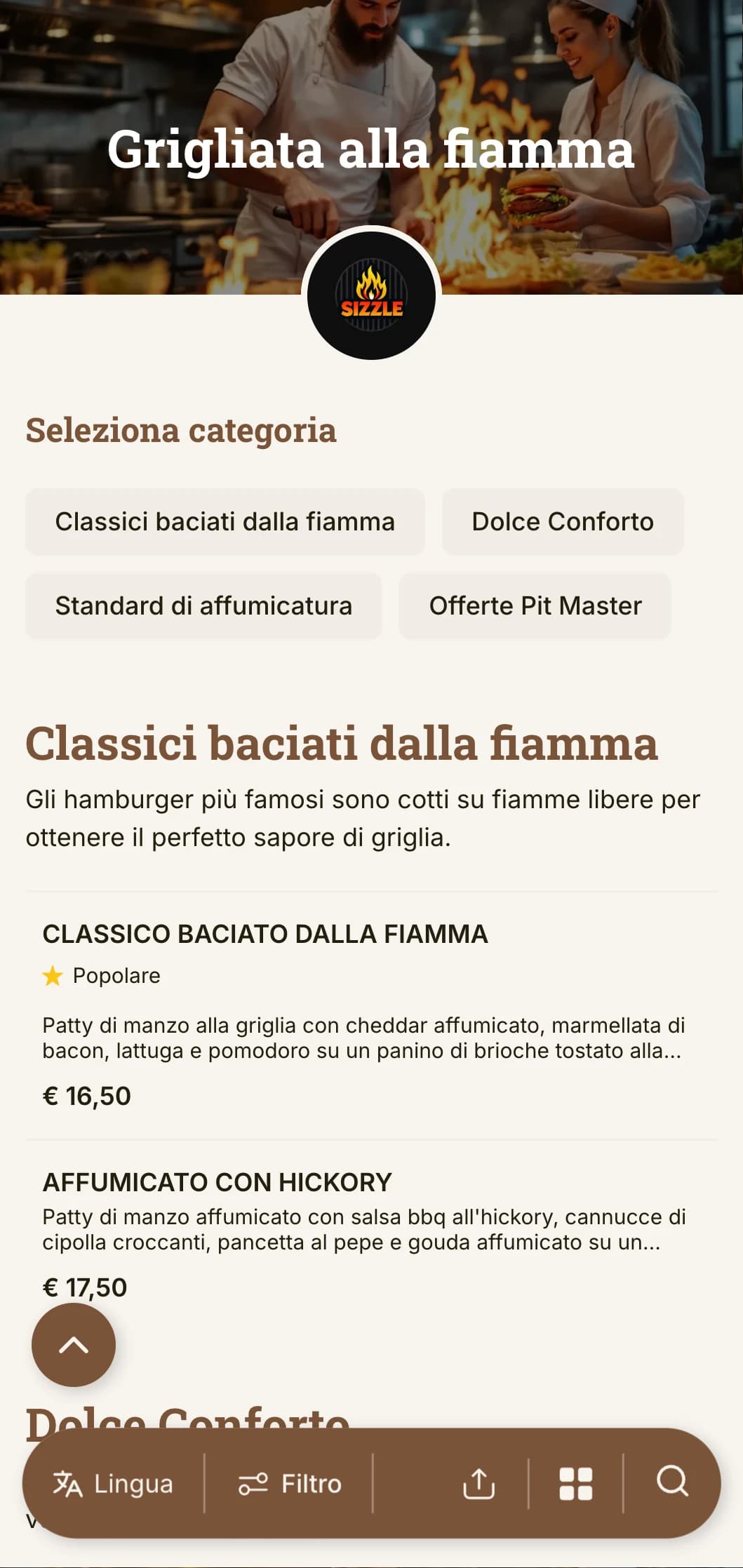 Design audace incentrato sulla griglia con toni caldi del legno e accenti di fiamma per un'autentica esperienza di hamburger alla griglia.