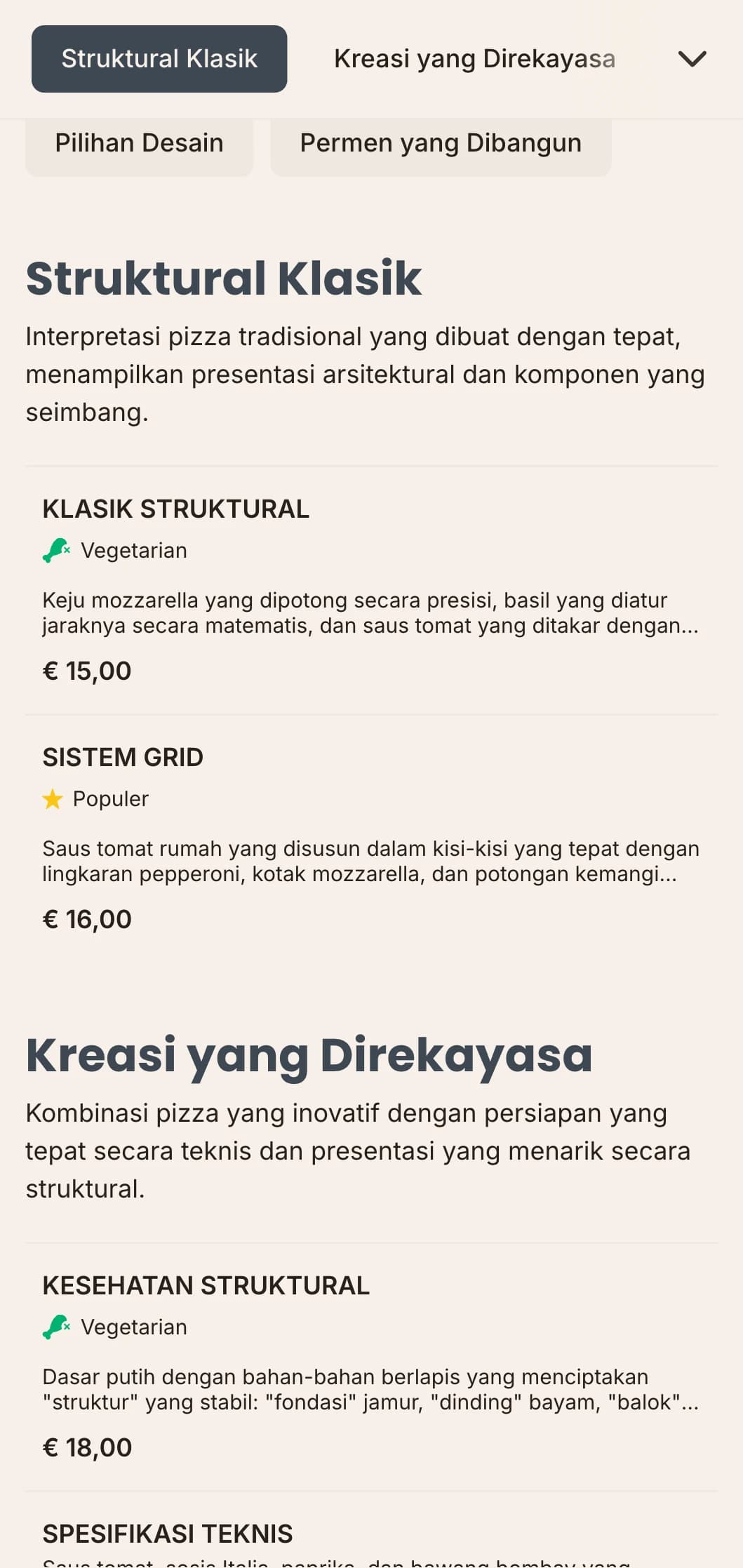 Menu pizza yang terinspirasi dari arsitektur dengan tata letak yang tepat dan estetika teknis.