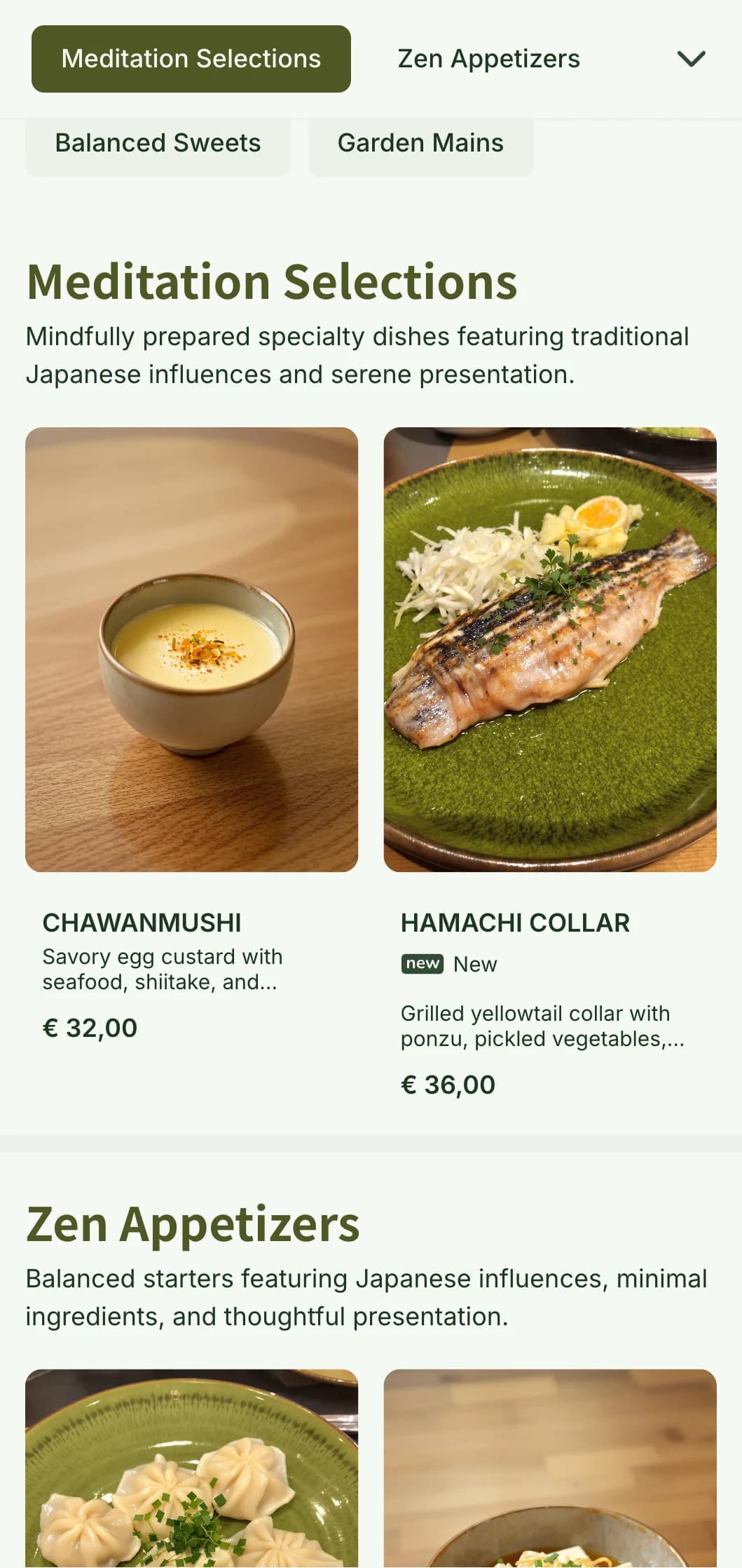 A serene Japanese-inspired dinner menu with minimalist design elements and moss green accents, perfect for Japanese cuisine.