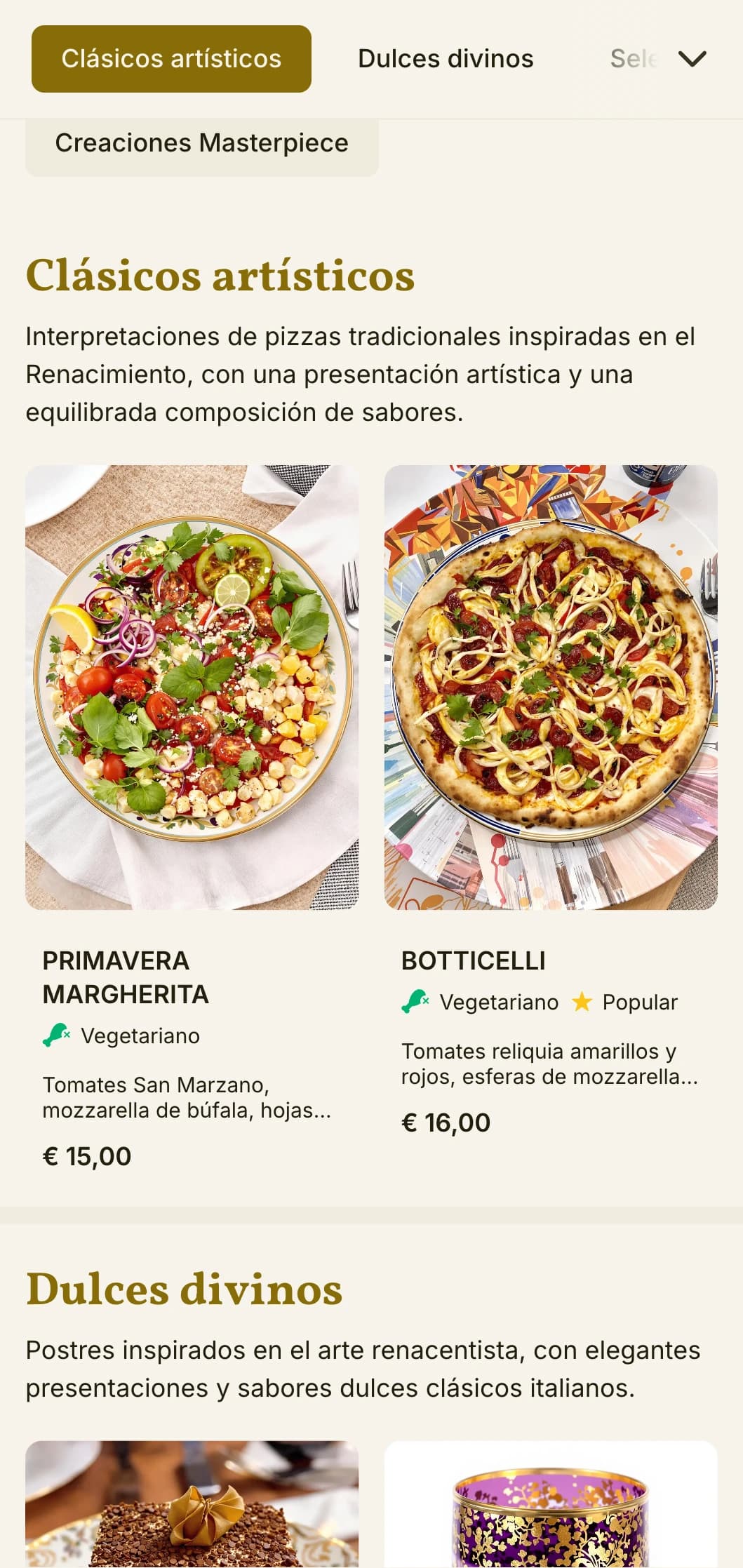 Artística carta de pizzas inspirada en el Renacimiento italiano con ricos elementos visuales.