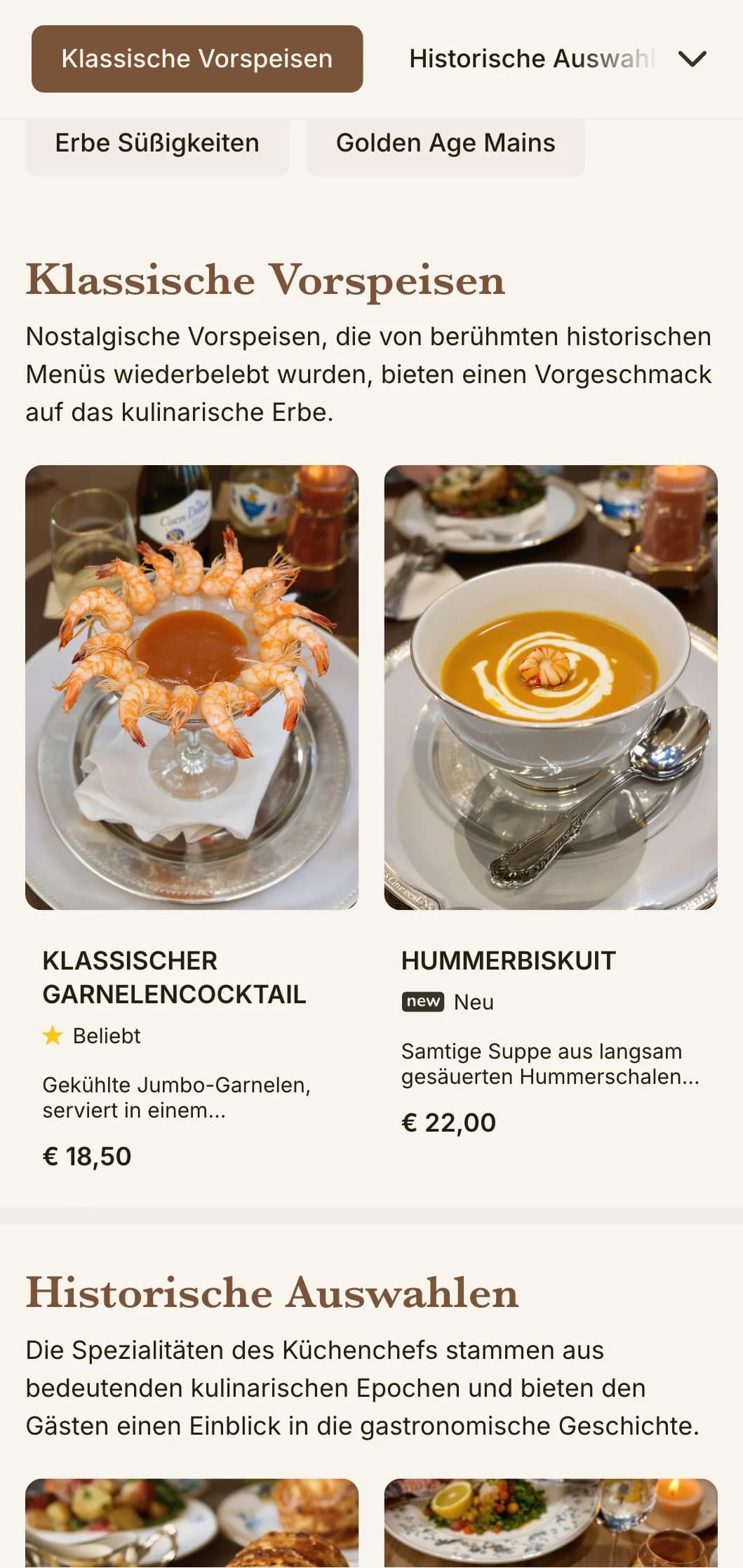 Nostalgisches, vom goldenen Zeitalter inspiriertes Design für Mittagsmenüs mit historischen Bezügen und raffinierten Details, geeignet für historische Restaurants mit reicher Tradition.