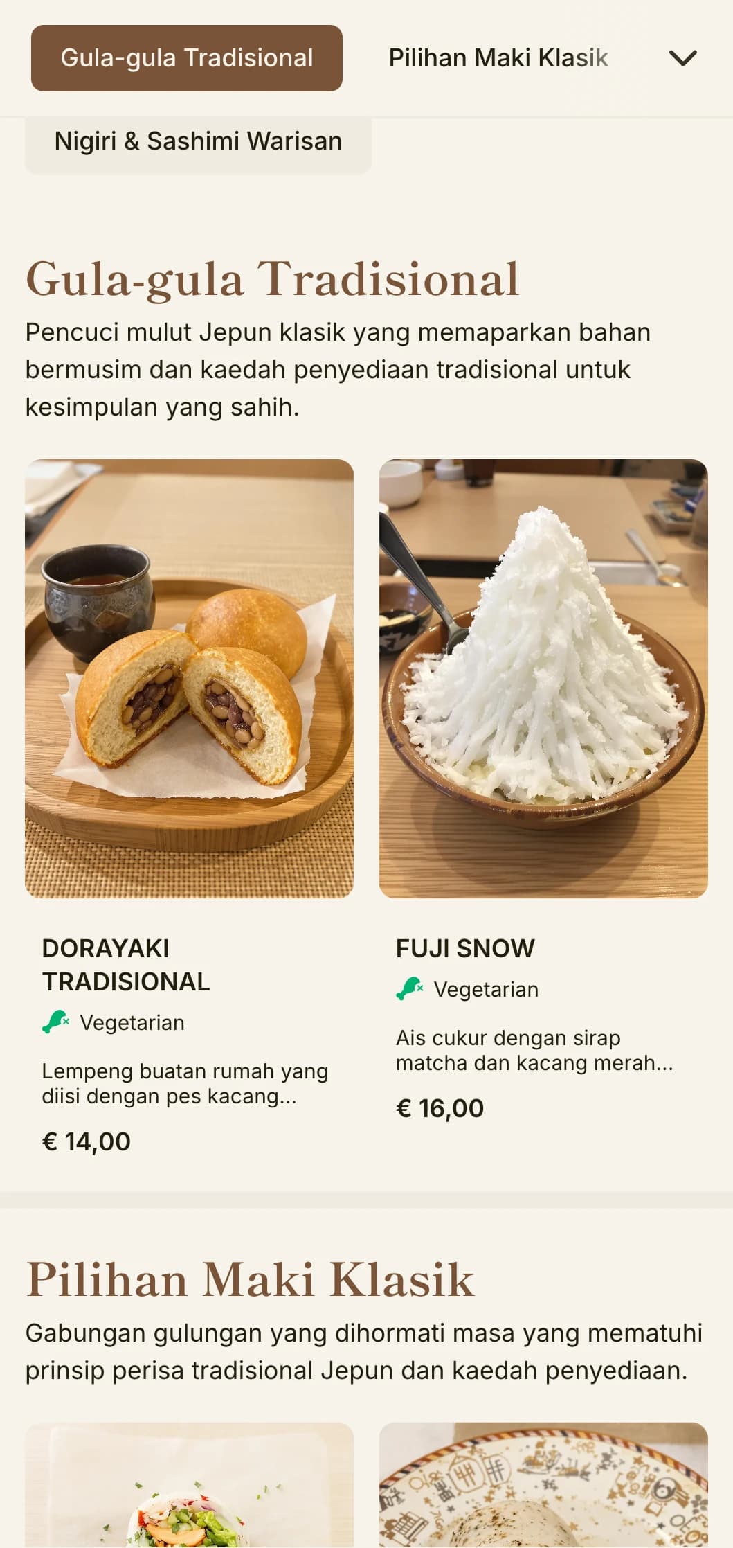 Menu sushi Jepun klasik dengan inspirasi Mt. Fuji, menampilkan unsur tradisional dan aksen coklat hangat untuk santapan asli.