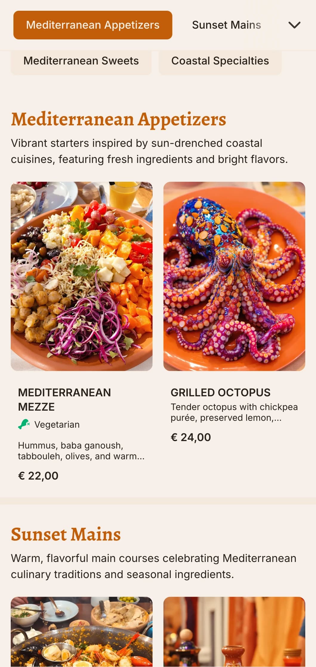 A warm, vibrant dinner menu inspired by Mediterranean colors and textures, ideal for Mediterranean cuisine restaurants.