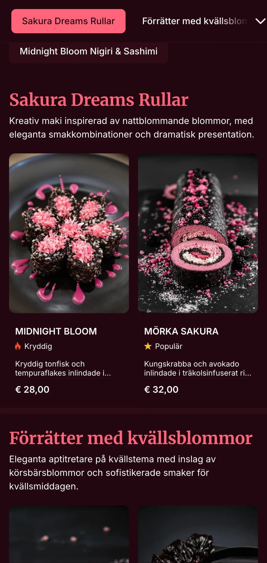 Elegant kvällssushi med dramatiska motiv av körsbärsblommor mot djup vinröd färg för exklusiva middagar.