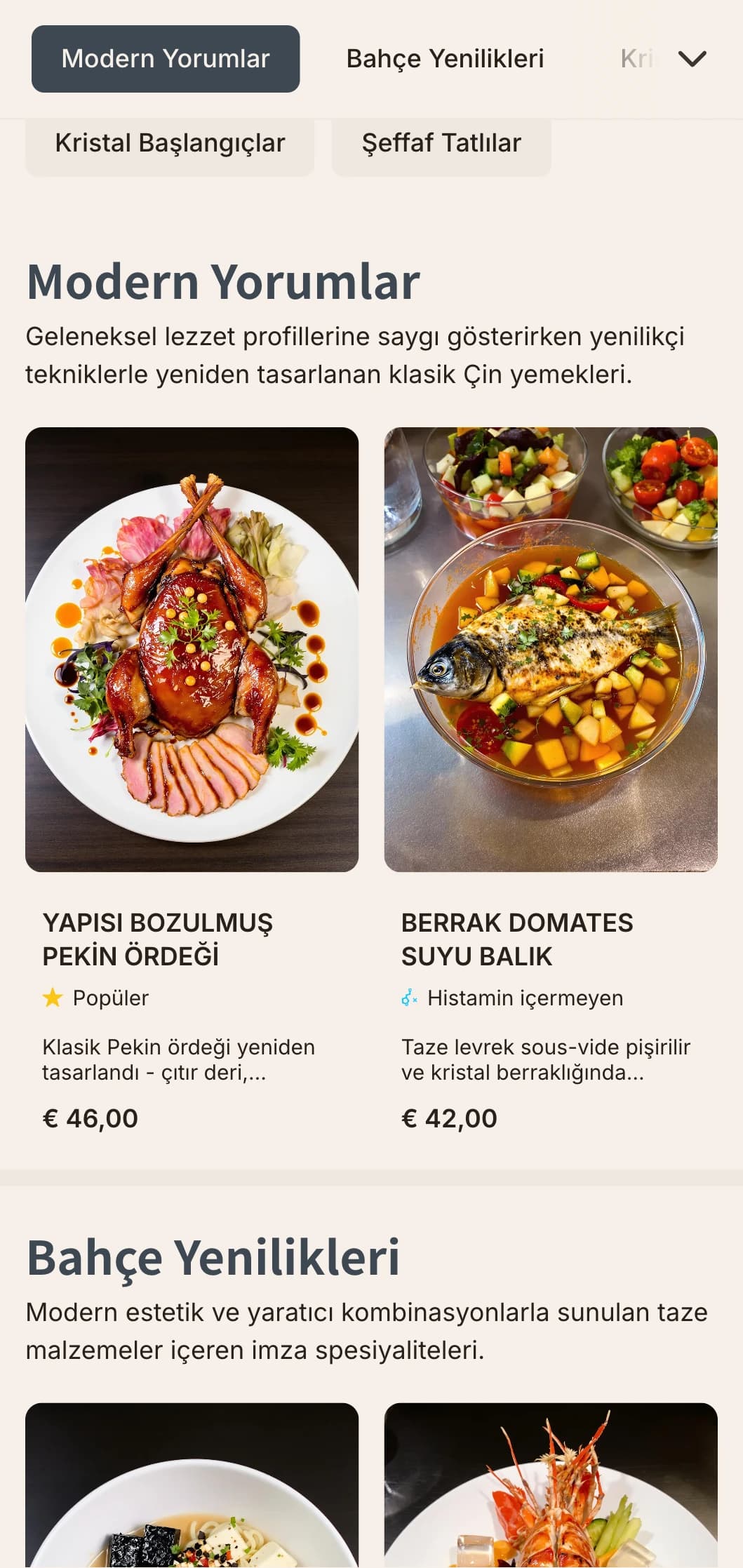 Modern füzyon restoranları için kristalden ilham alan öğeler ve bahçe motifleri içeren çağdaş Çin menüsü tasarımı.