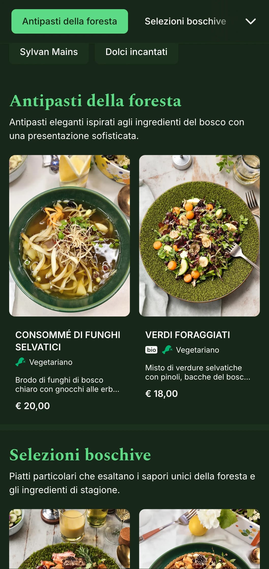 Un menu sofisticato ispirato ai toni profondi della foresta e alle texture naturali, perfetto per una cucina ispirata al bosco.