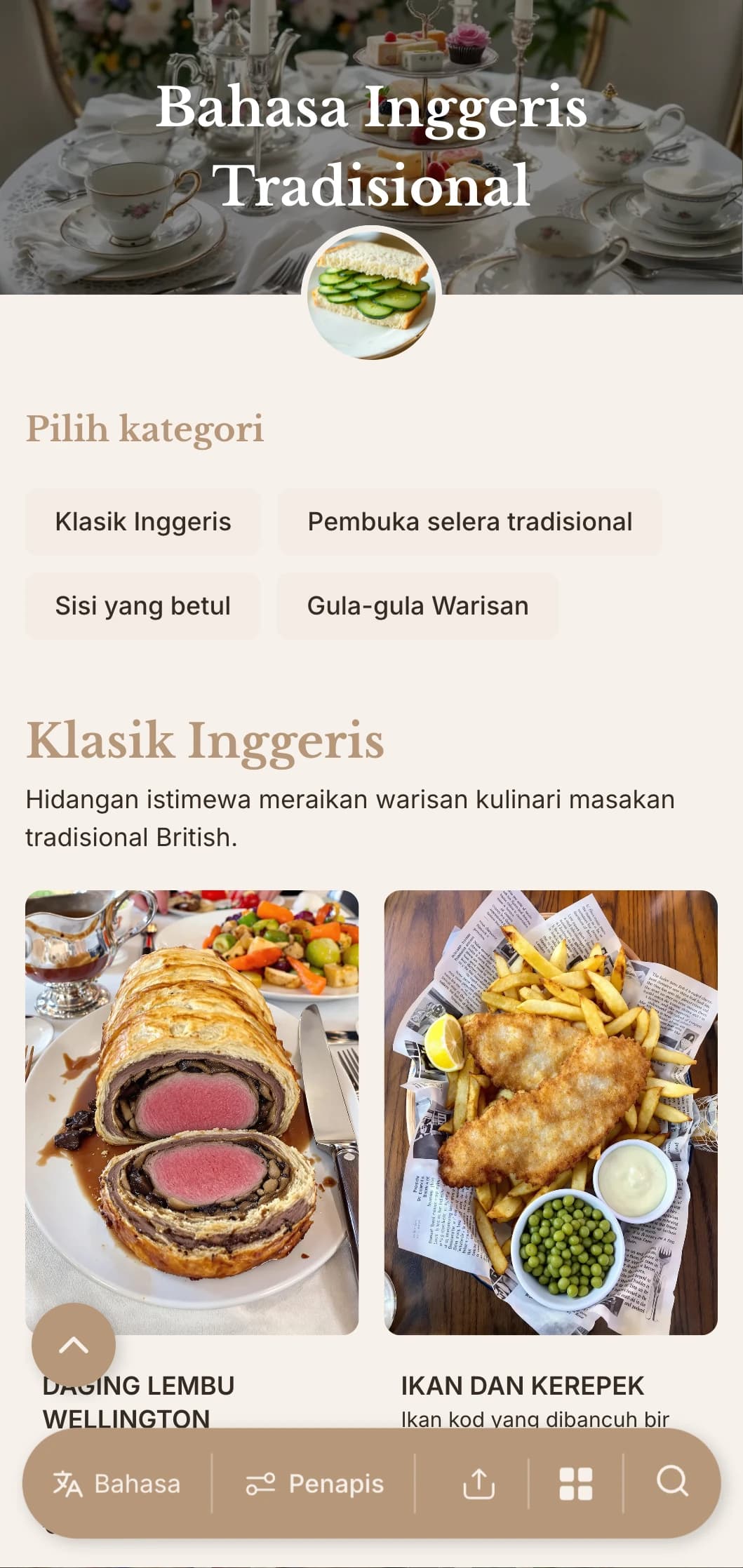 Katering klasik berinspirasikan British yang menampilkan resipi tradisional, perkhidmatan yang betul dan persembahan yang halus untuk acara minum petang dan perhimpunan rasmi.