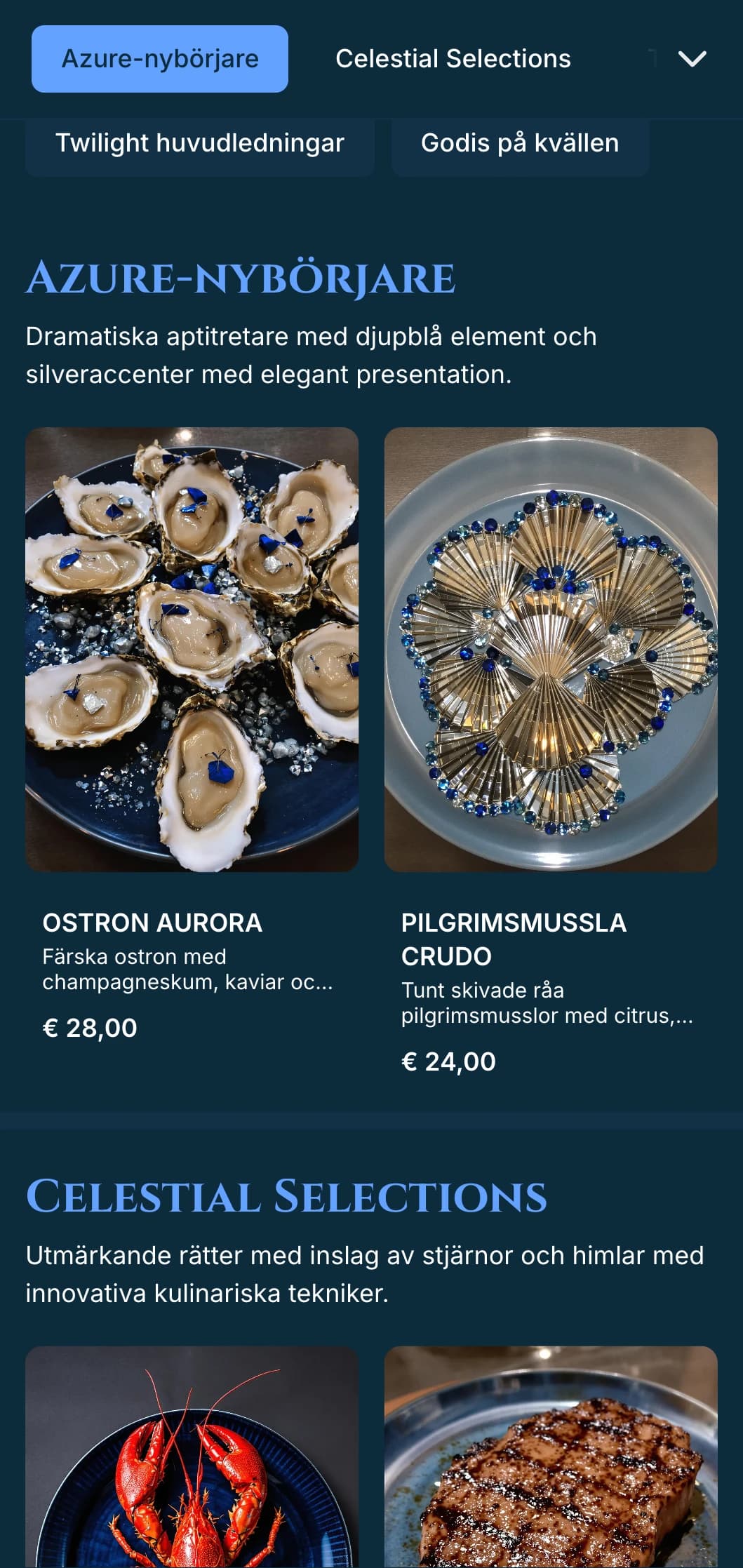 En dramatisk middagsmeny i djupblått med skymningsinspiration och silveraccenter, utformad för sofistikerade kvällsmiddagar.