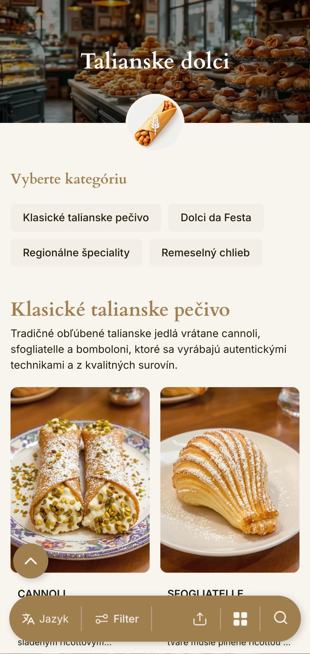 Teplý, stredomorsky inšpirovaný dizajn jedálneho lístka pre pekárne so zemitými tónmi a tradičnou typografiou, ideálny pre talianske cukrárne a kaviarne s dezertmi.