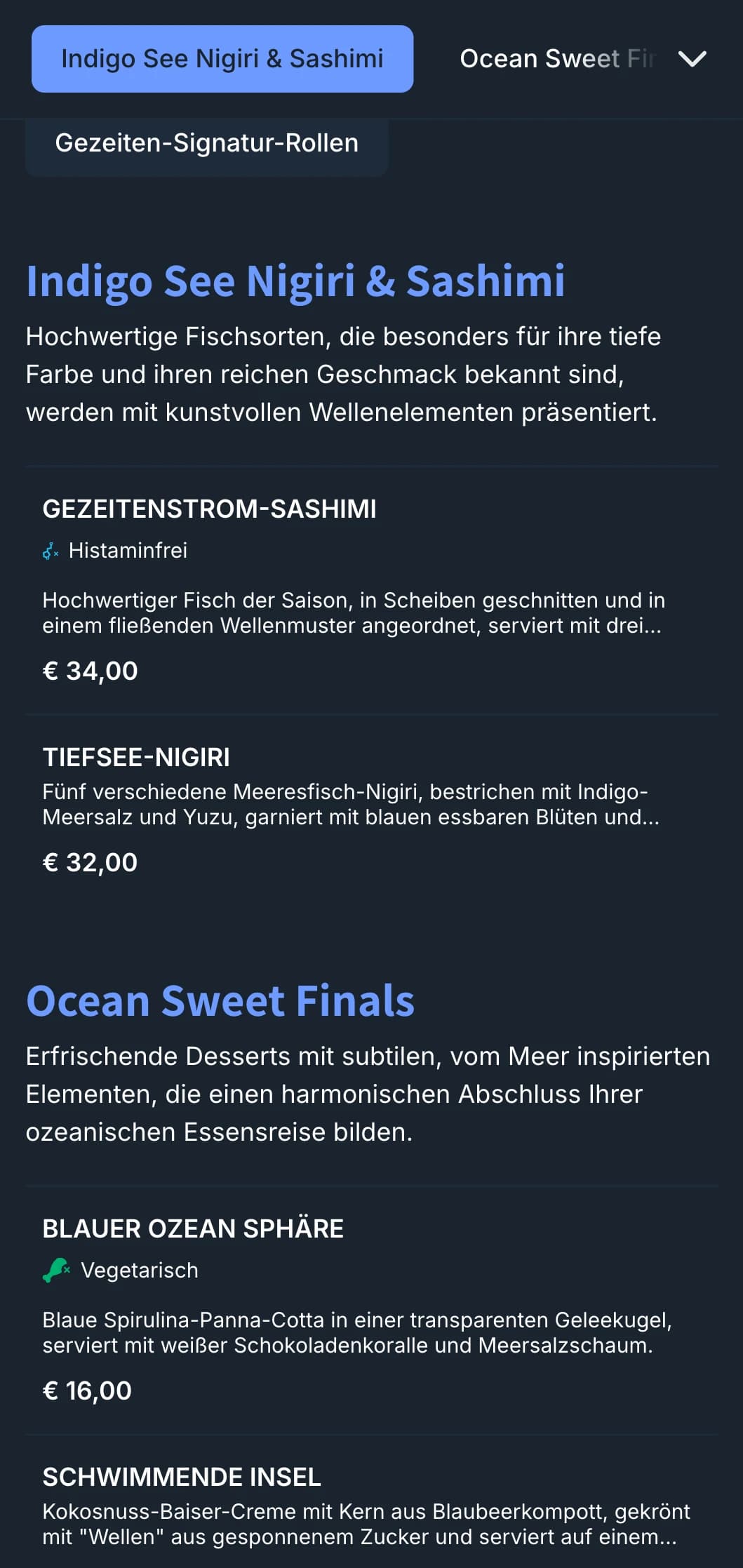 Vom Ozean inspiriertes Sushi-Menü mit tiefen indigoblauen Wellen und modernem Design für Restaurants, die auf Meeresfrüchte spezialisiert sind.
