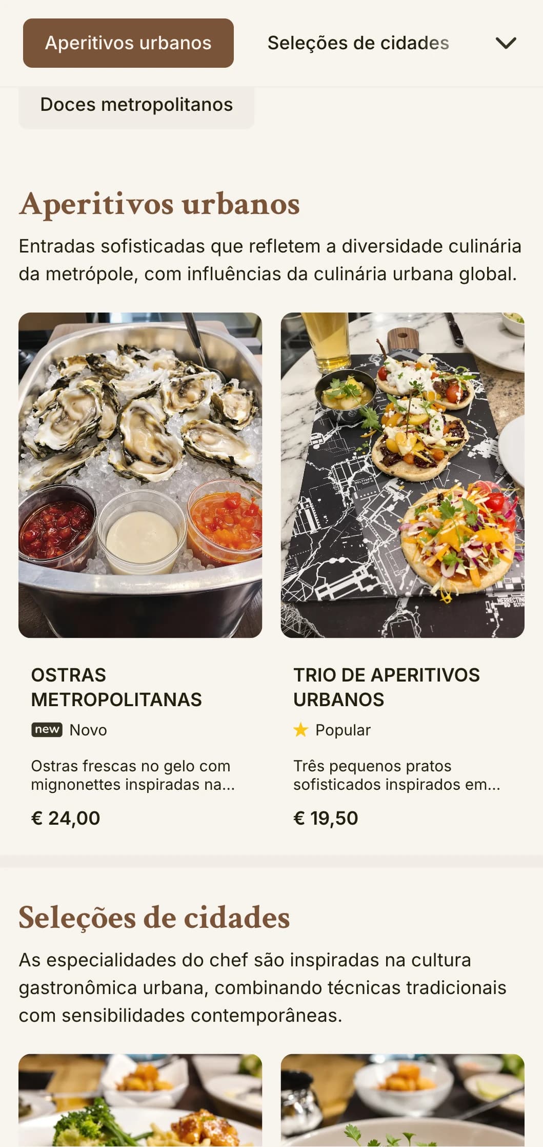 Design cosmopolita de cardápio de almoço inspirado na cidade, com elegância urbana e detalhes refinados, adequado para restaurantes no centro da cidade e estabelecimentos urbanos sofisticados.