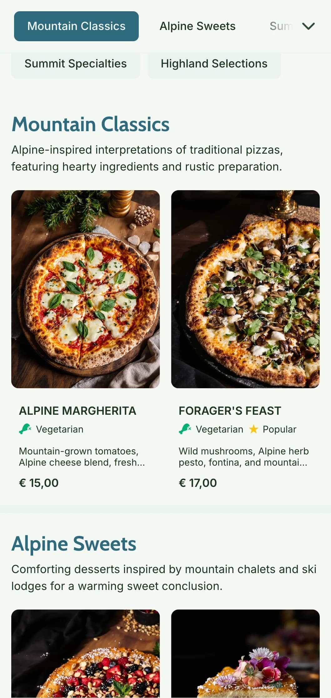 Mountain-inspired pizza menu with natural elements and rustic alpine aesthetics.