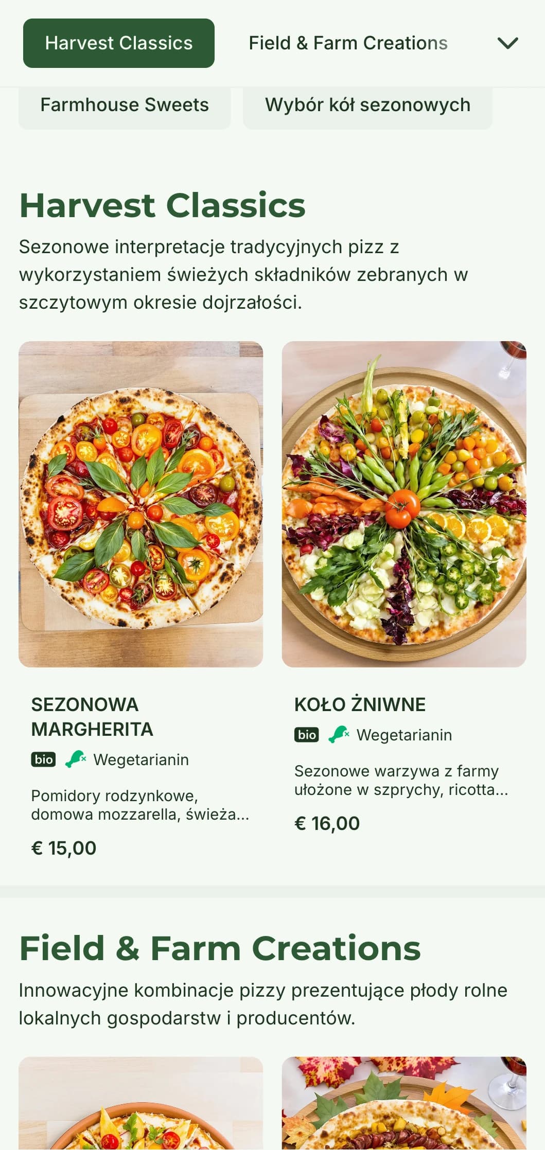 Menu pizzy "od pola do stołu" celebrujące sezonowe składniki i rustykalne przygotowanie.
