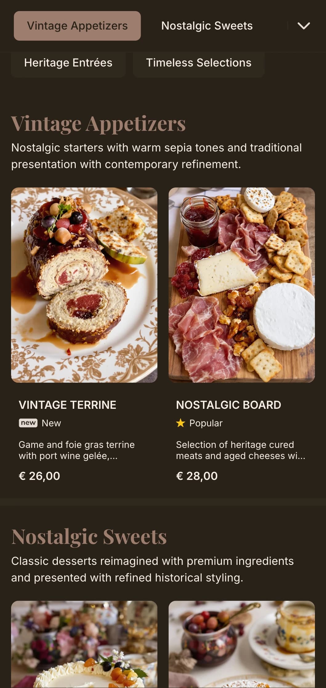 Nostalgic concept with warm sepia tones and vintage luxury elements for a timeless dining experience.