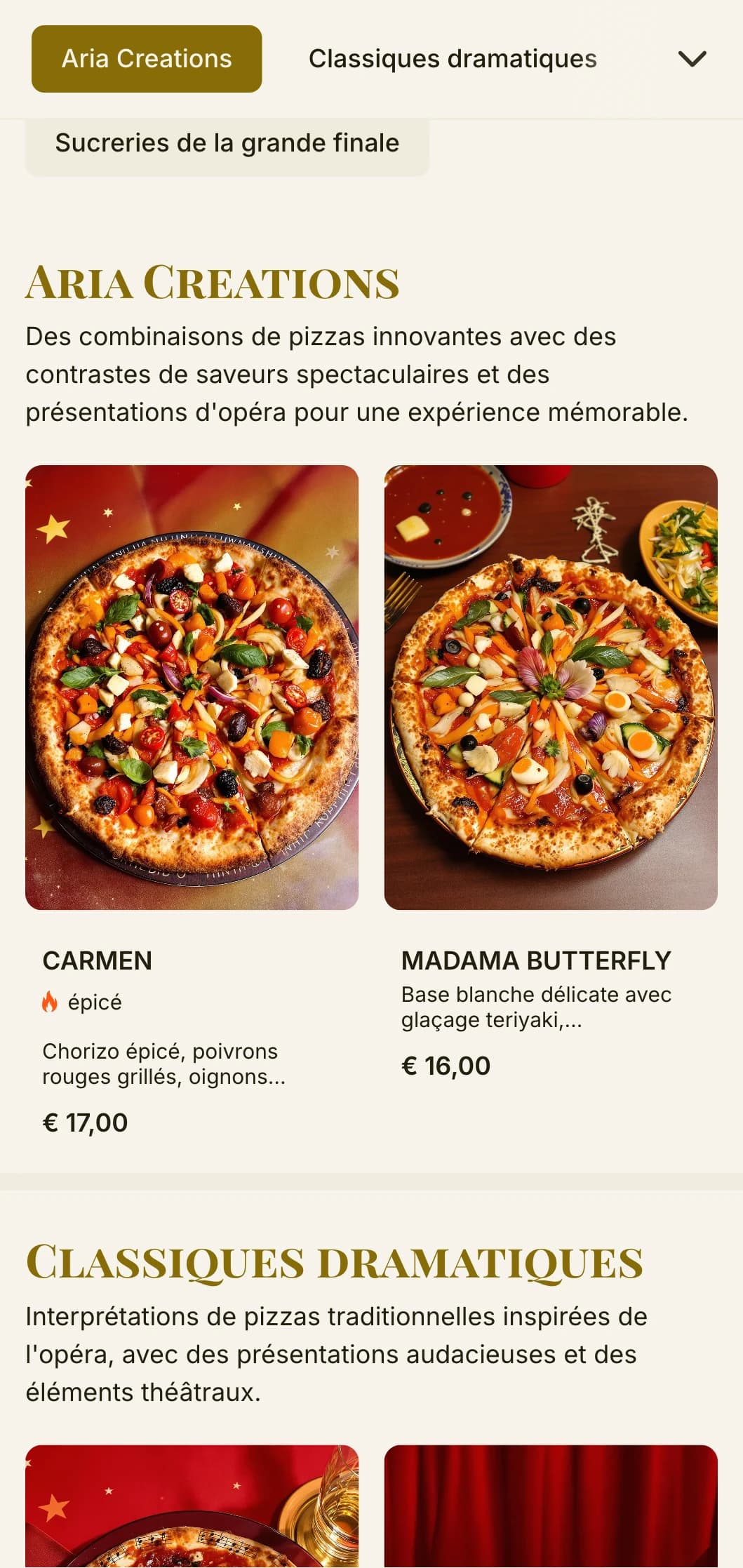 Carte de pizzas théâtrale inspirée de l'opéra italien avec une hiérarchie visuelle dramatique.