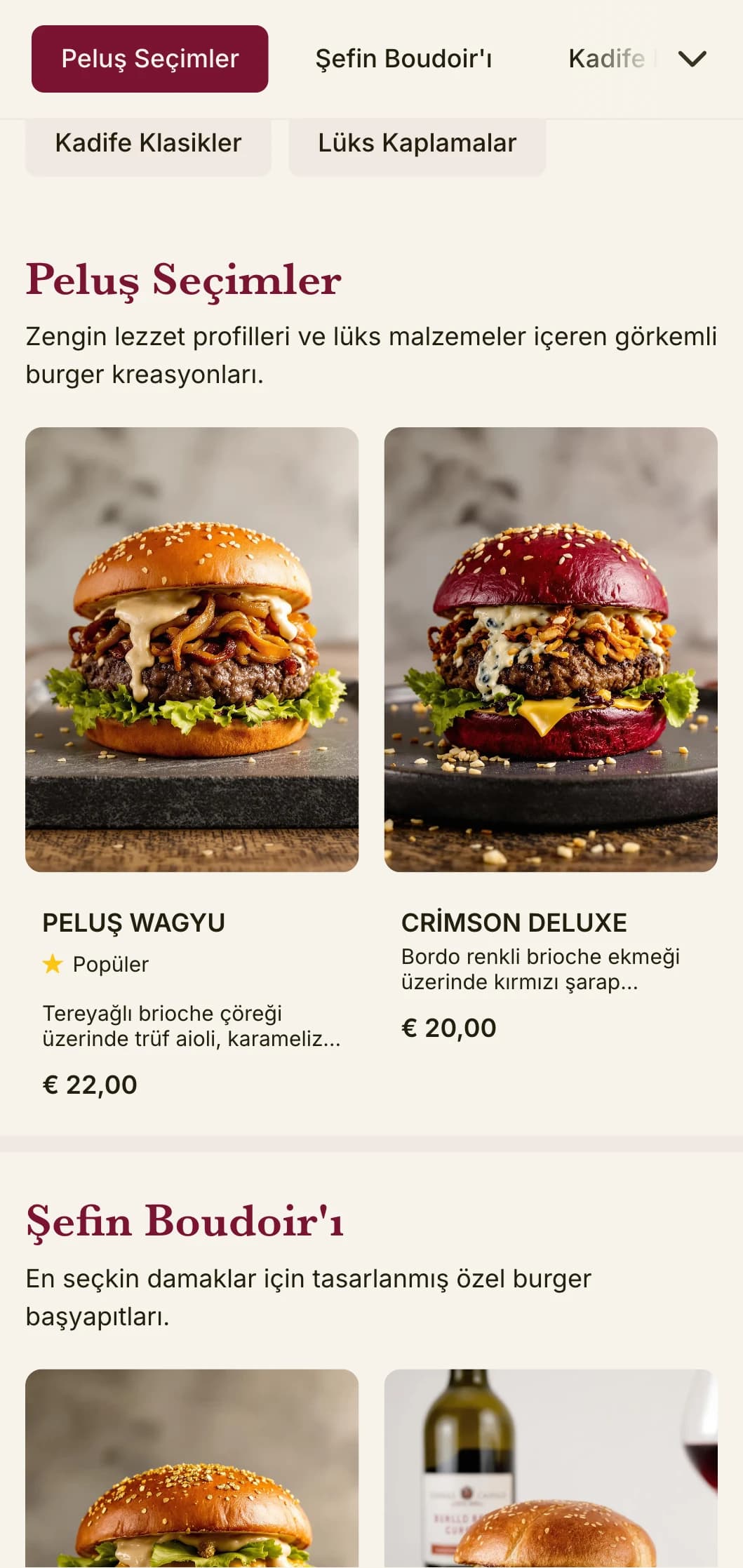 Zengin dokulara ve gösterişli sunuma sahip pelüş lüks burger salonu.
