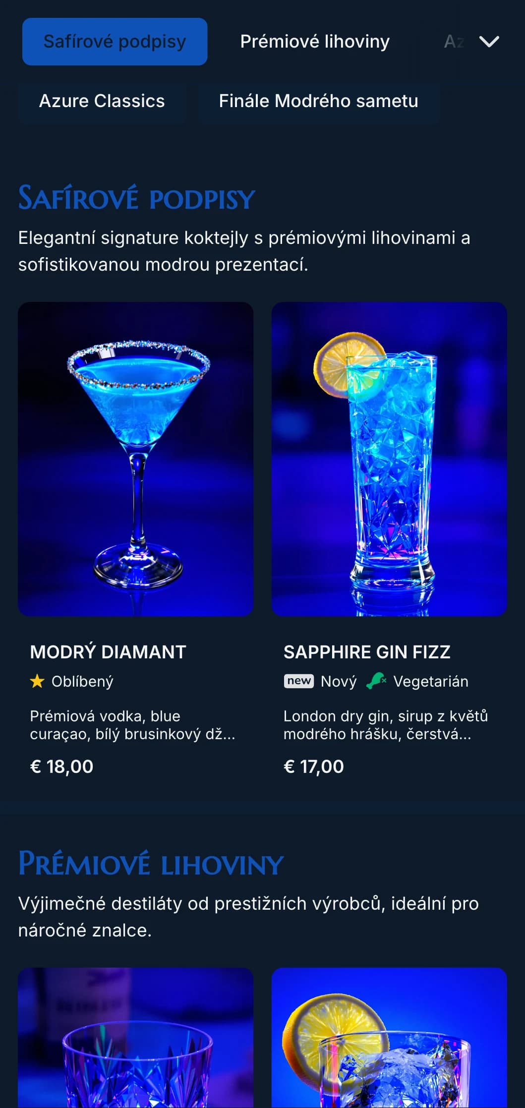 Luxusní design inspirovaný drahokamy pro luxusní koktejlové salónky s tmavě modrými tóny a elegantní typografií.